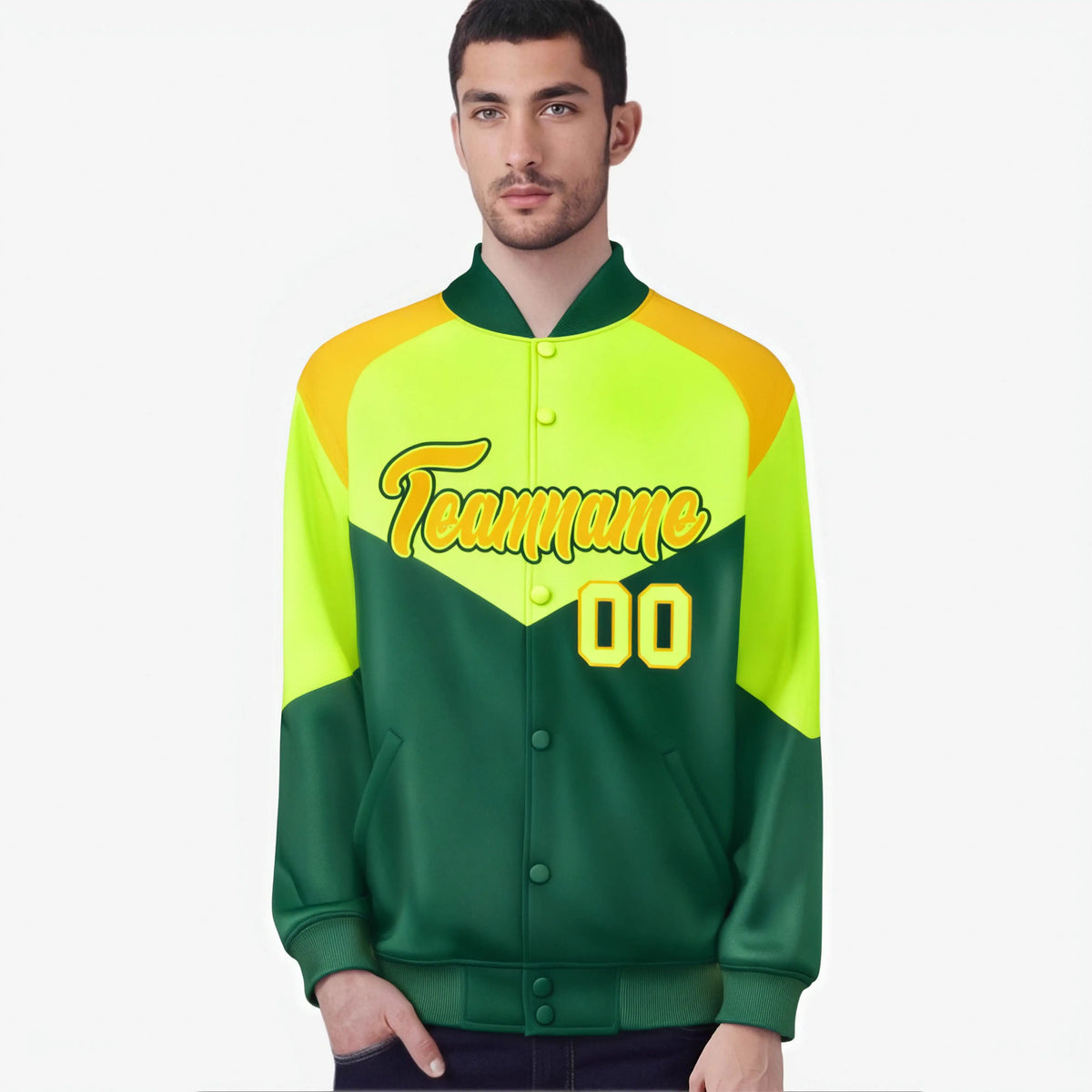 Custom Fluorescent Green Kelly Green-Gold Varsity Full-Snap Color Block Letterman Jacket