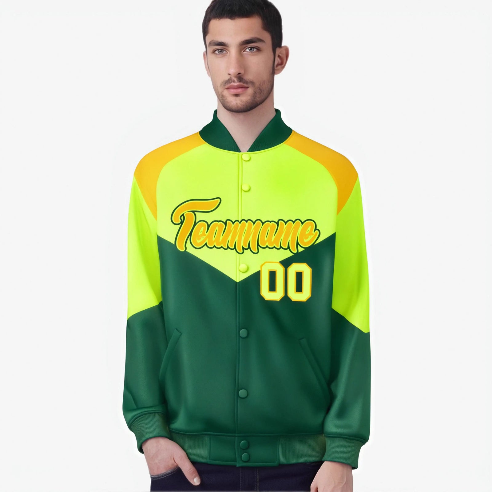 Custom Fluorescent Green Kelly Green-Gold Varsity Full-Snap Color Block Letterman Jacket