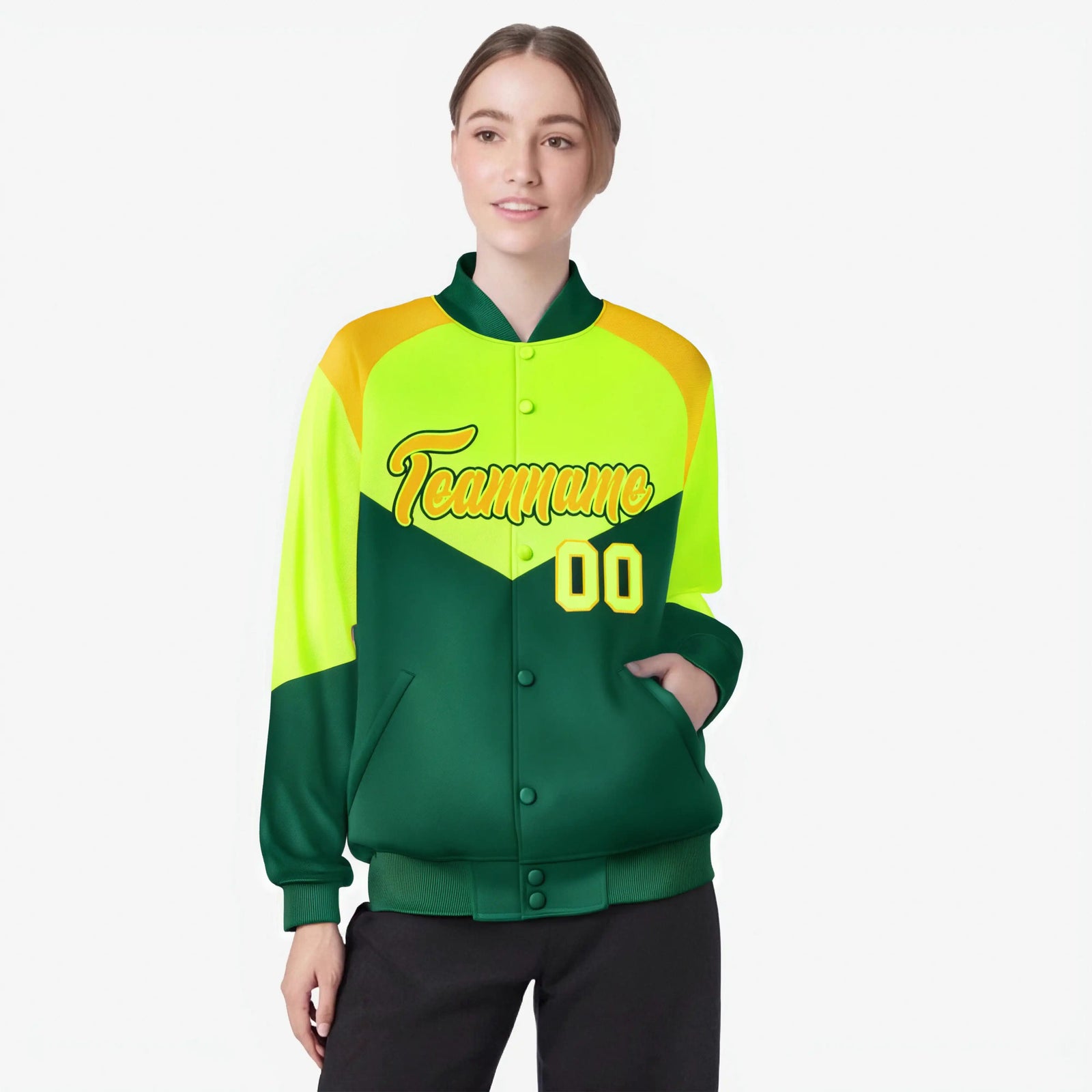 Custom Fluorescent Green Kelly Green-Gold Varsity Full-Snap Color Block Letterman Jacket