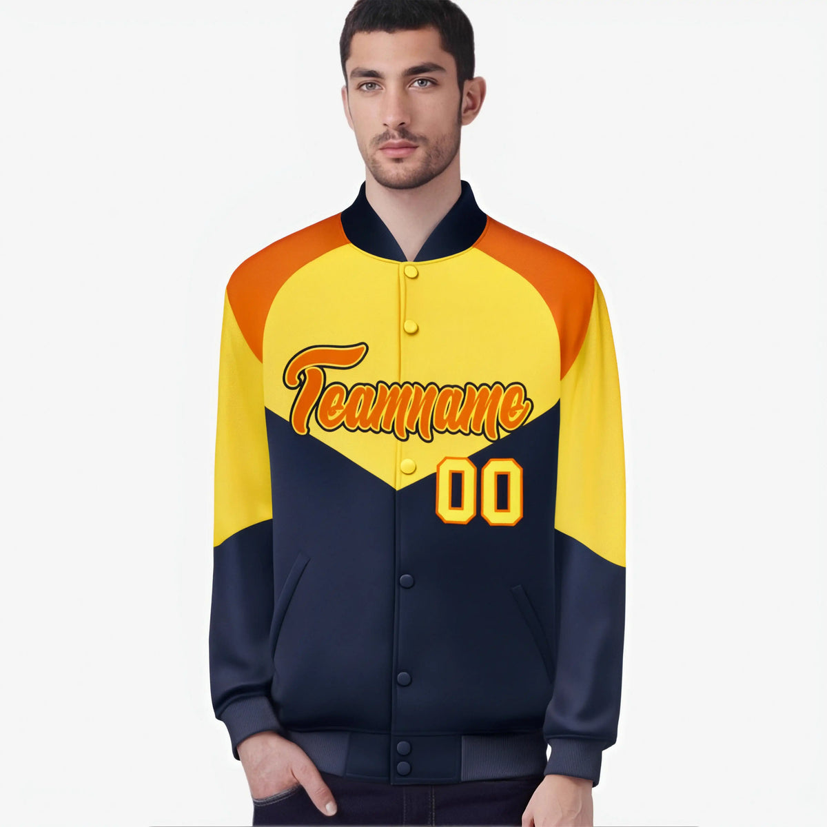 Custom Yellow Navy-Orange Varsity Full-Snap Color Block Letterman Jacket