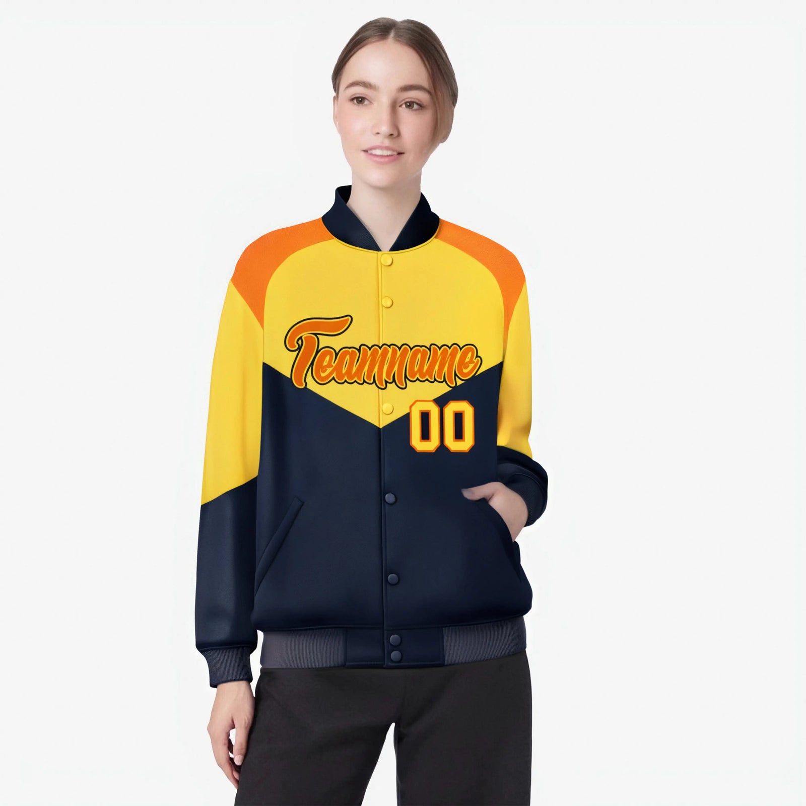 Custom Yellow Navy-Orange Varsity Full-Snap Color Block Letterman Jacket