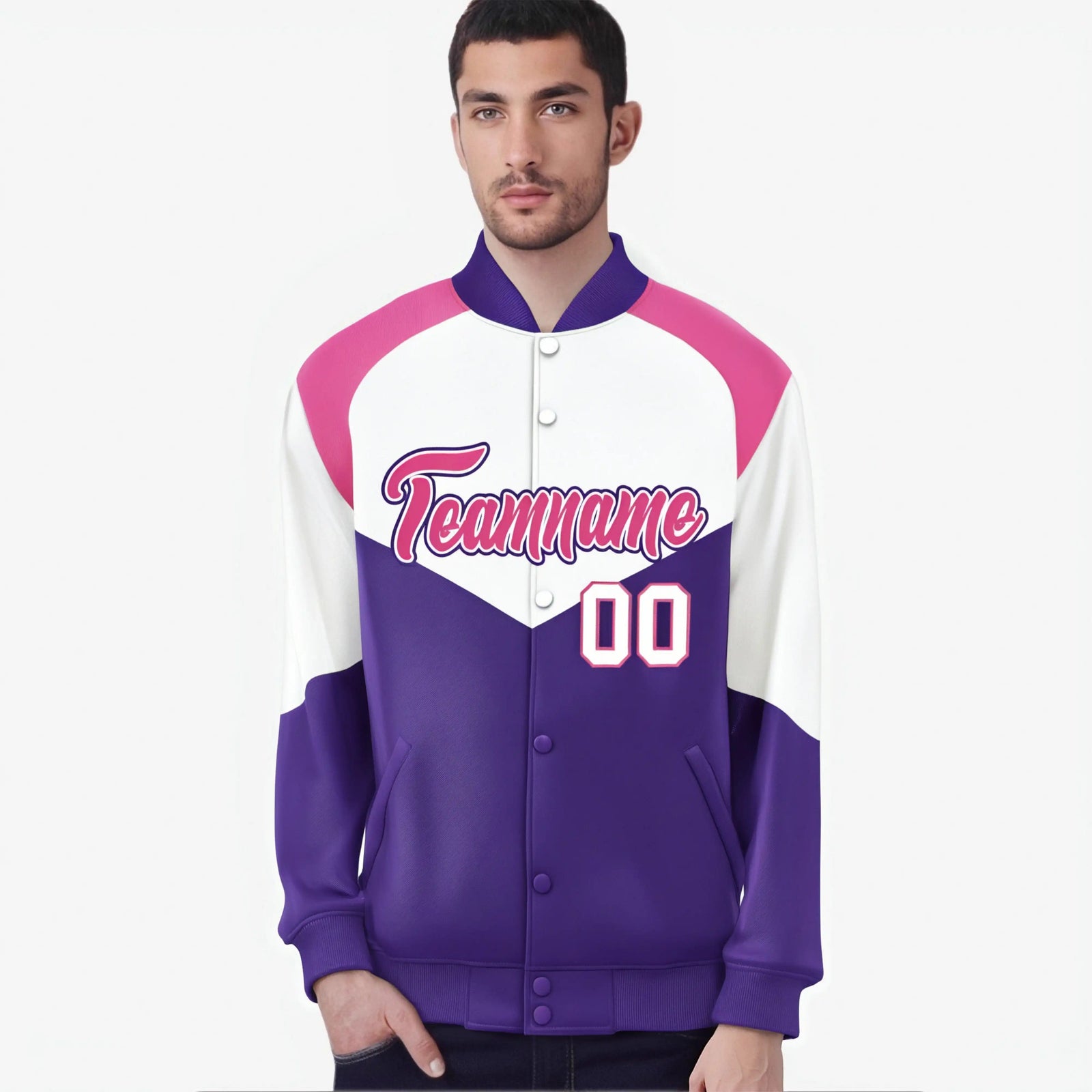 Custom White Purple-Pink Varsity Full-Snap Color Block Letterman Jacket