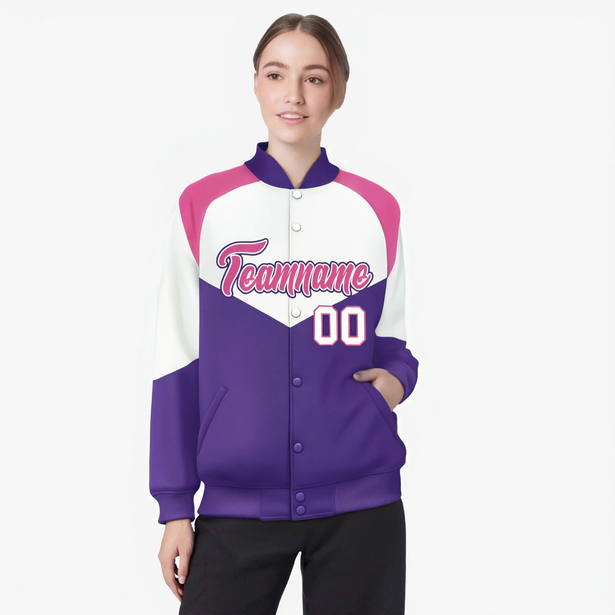 Custom White Purple-Pink Varsity Full-Snap Color Block Letterman Jacket