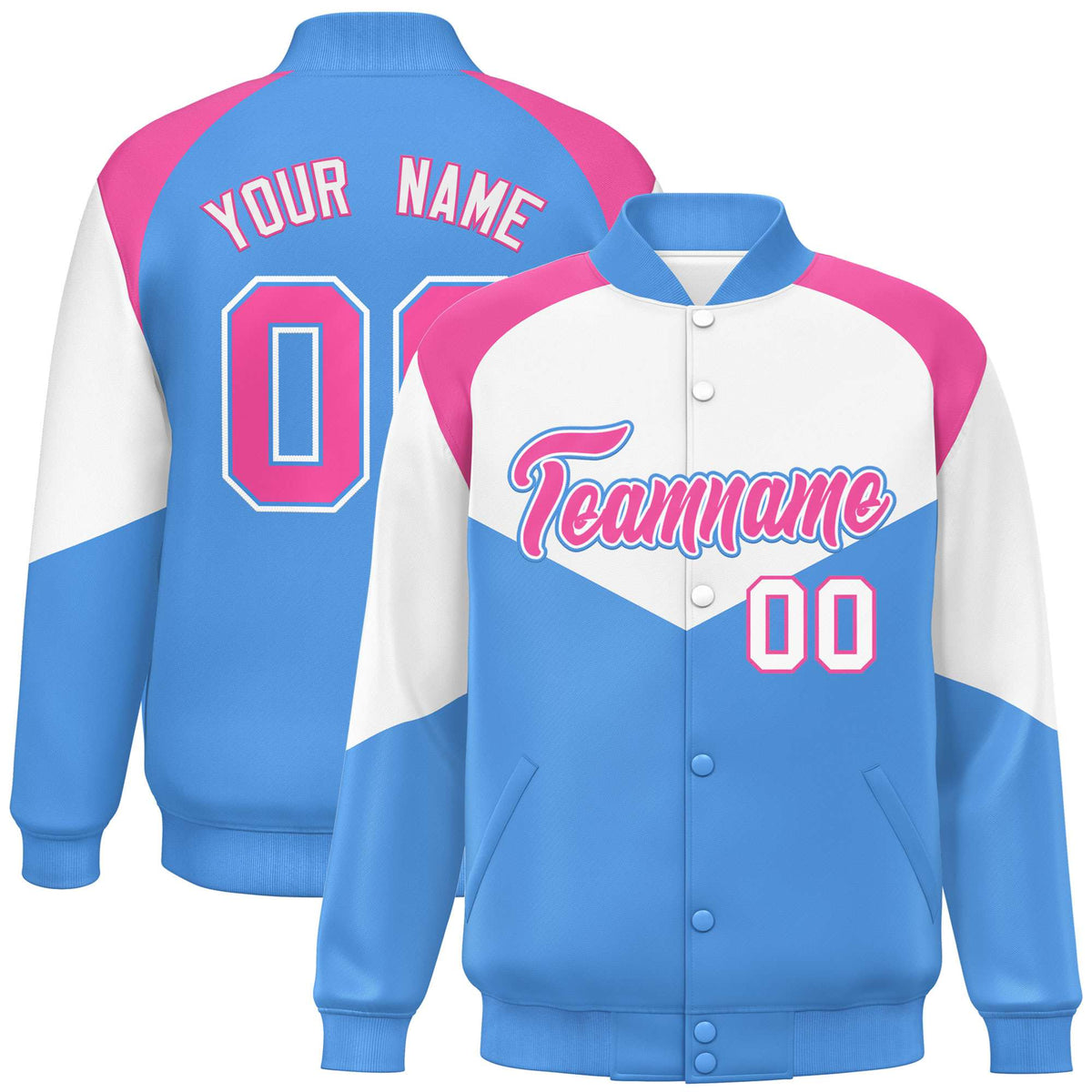 Custom White Powder Blue-Pink Varsity Full-Snap Color Block Letterman Jacket