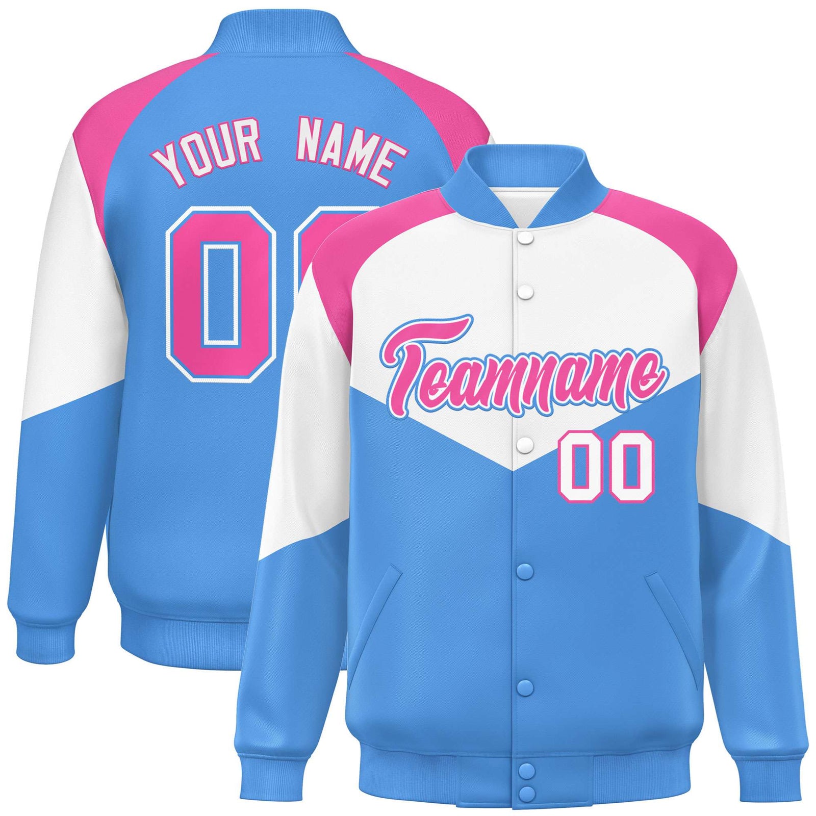 Custom White Powder Blue-Pink Varsity Full-Snap Color Block Letterman Jacket