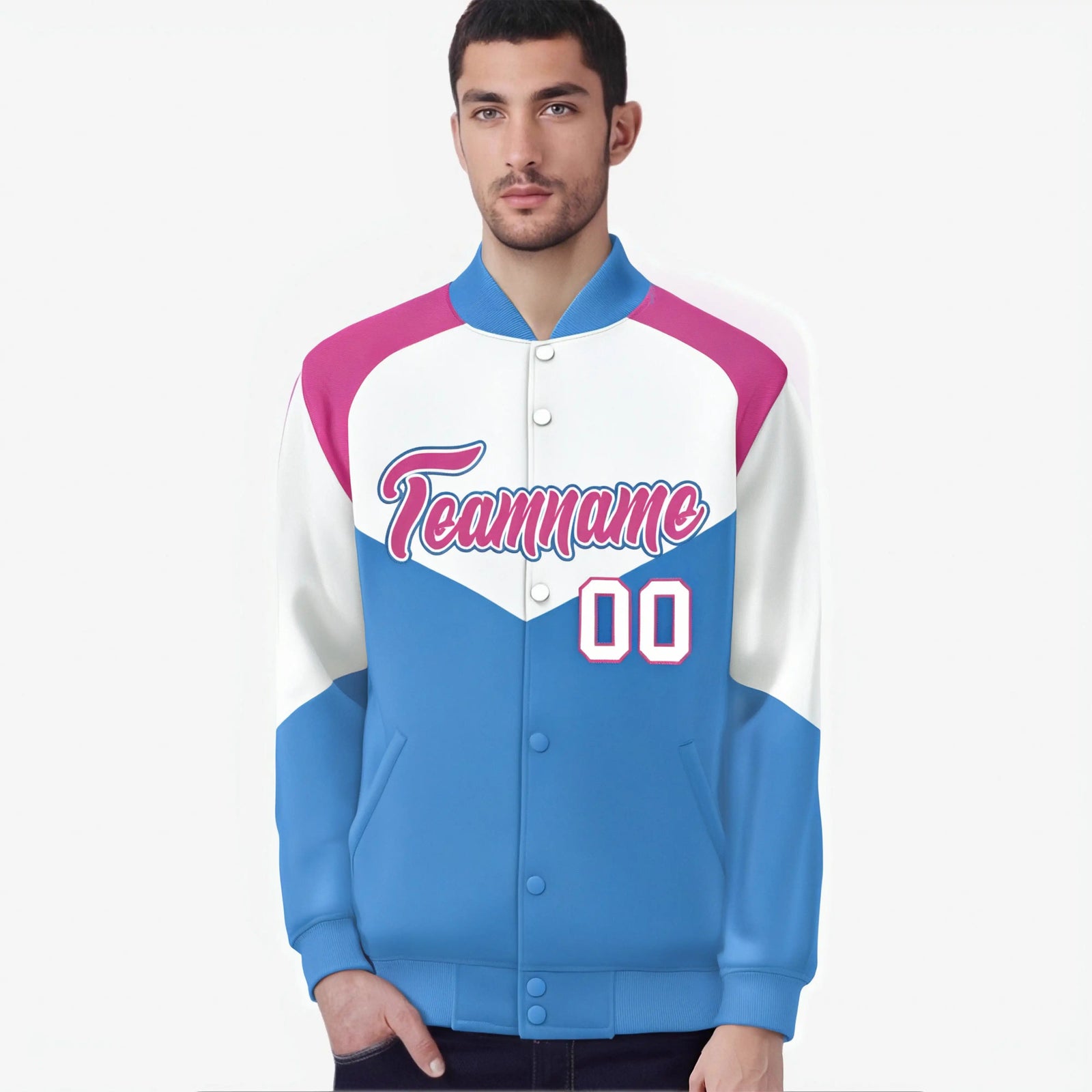 Custom White Powder Blue-Pink Varsity Full-Snap Color Block Letterman Jacket