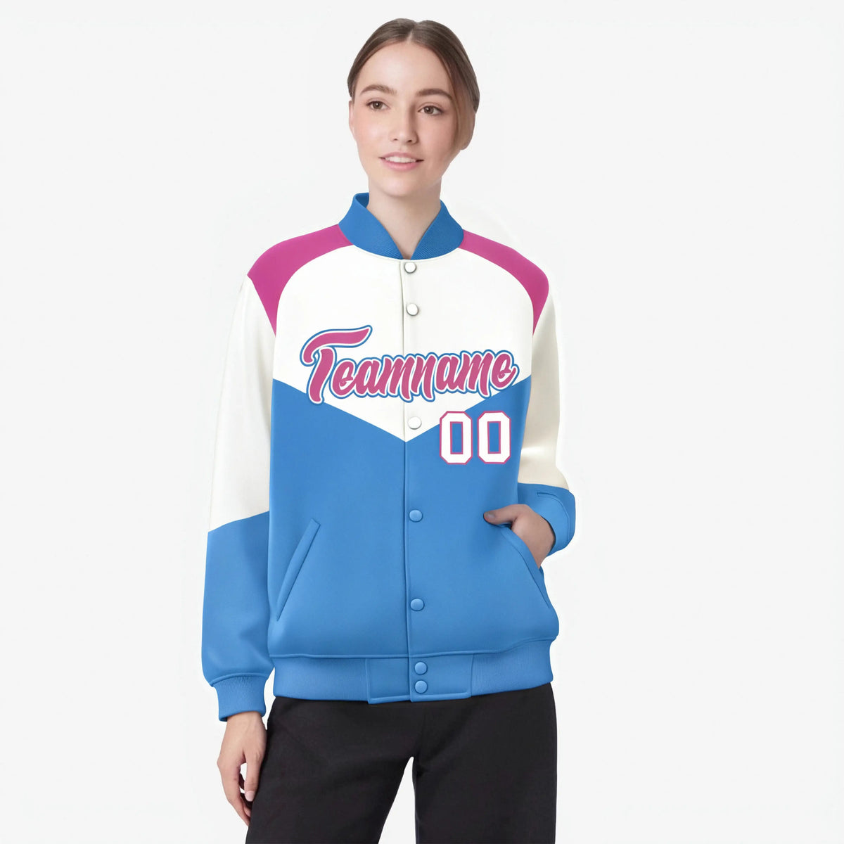 Custom White Powder Blue-Pink Varsity Full-Snap Color Block Letterman Jacket