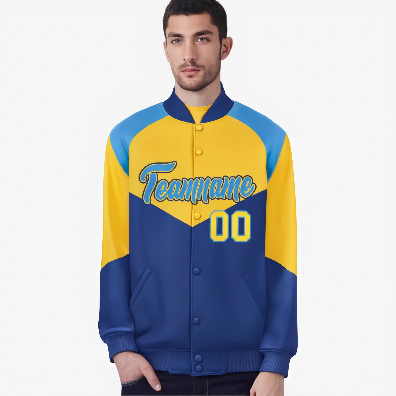 Custom Yellow Royal Blue-Powder Blue Varsity Full-Snap Color Block Letterman Jacket