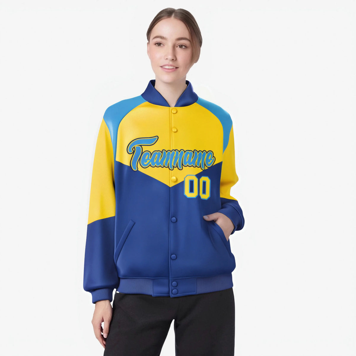 Custom Yellow Royal Blue-Powder Blue Varsity Full-Snap Color Block Letterman Jacket