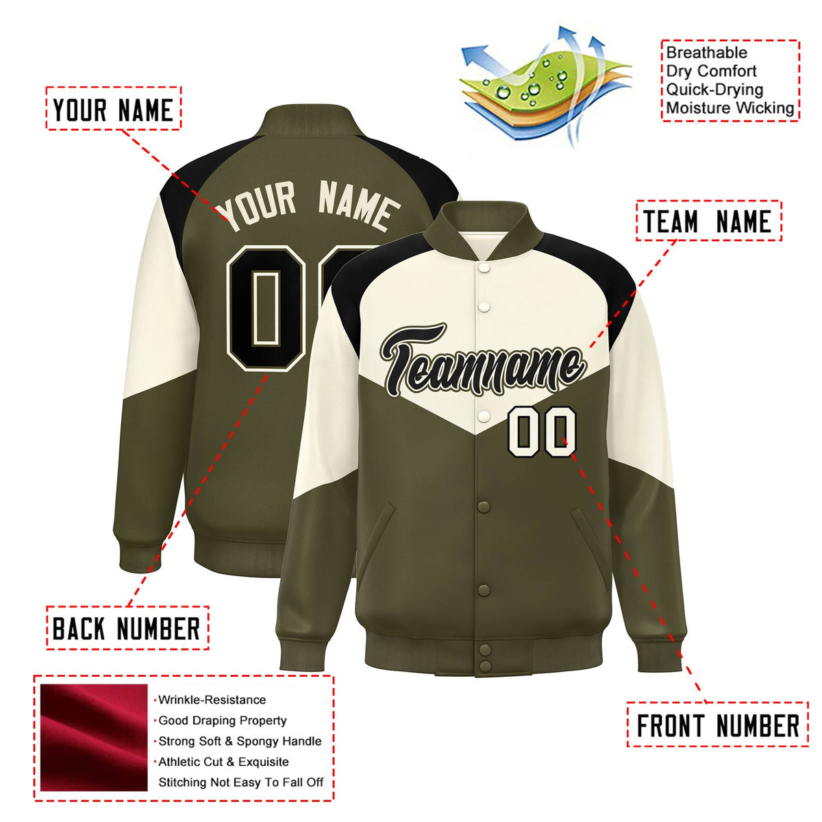 Custom Cream Olive-Black Varsity Full-Snap Color Block Letterman Jacket