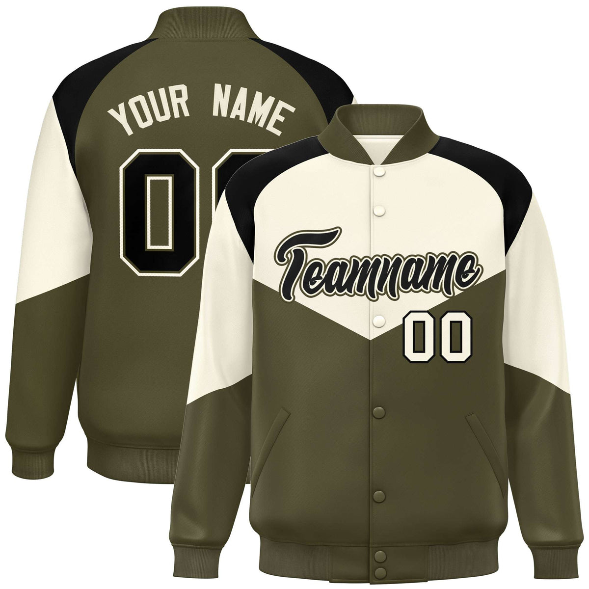 Custom Cream Olive-Black Varsity Full-Snap Color Block Letterman Jacket