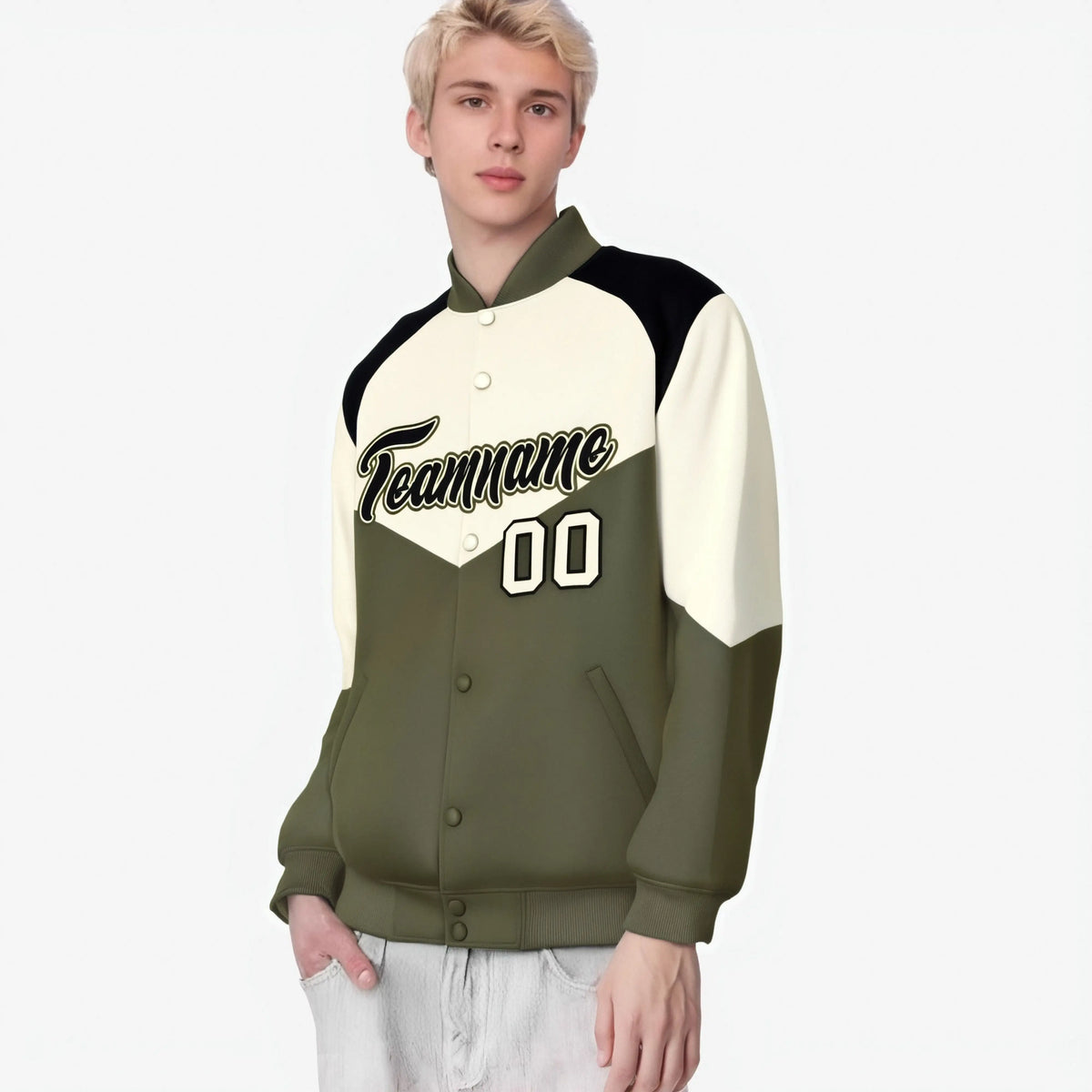 Custom Cream Olive-Black Varsity Full-Snap Color Block Letterman Jacket