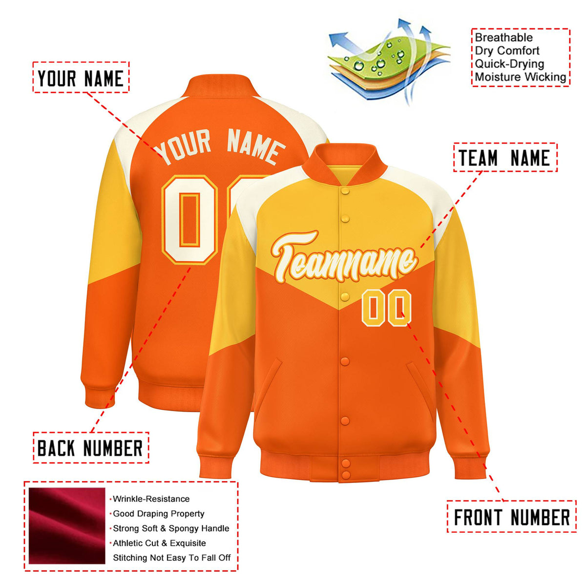Custom Gold Orange-Cream Varsity Full-Snap Color Block Letterman Jacket