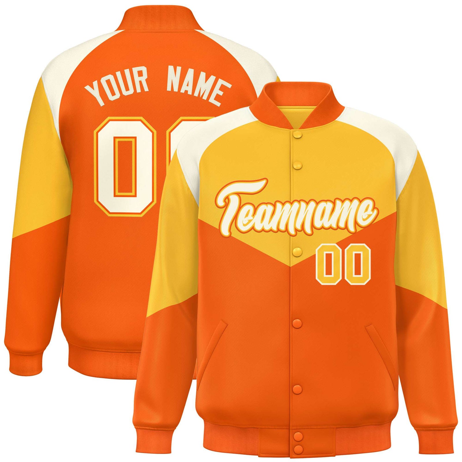 Custom Gold Orange-Cream Varsity Full-Snap Color Block Letterman Jacket