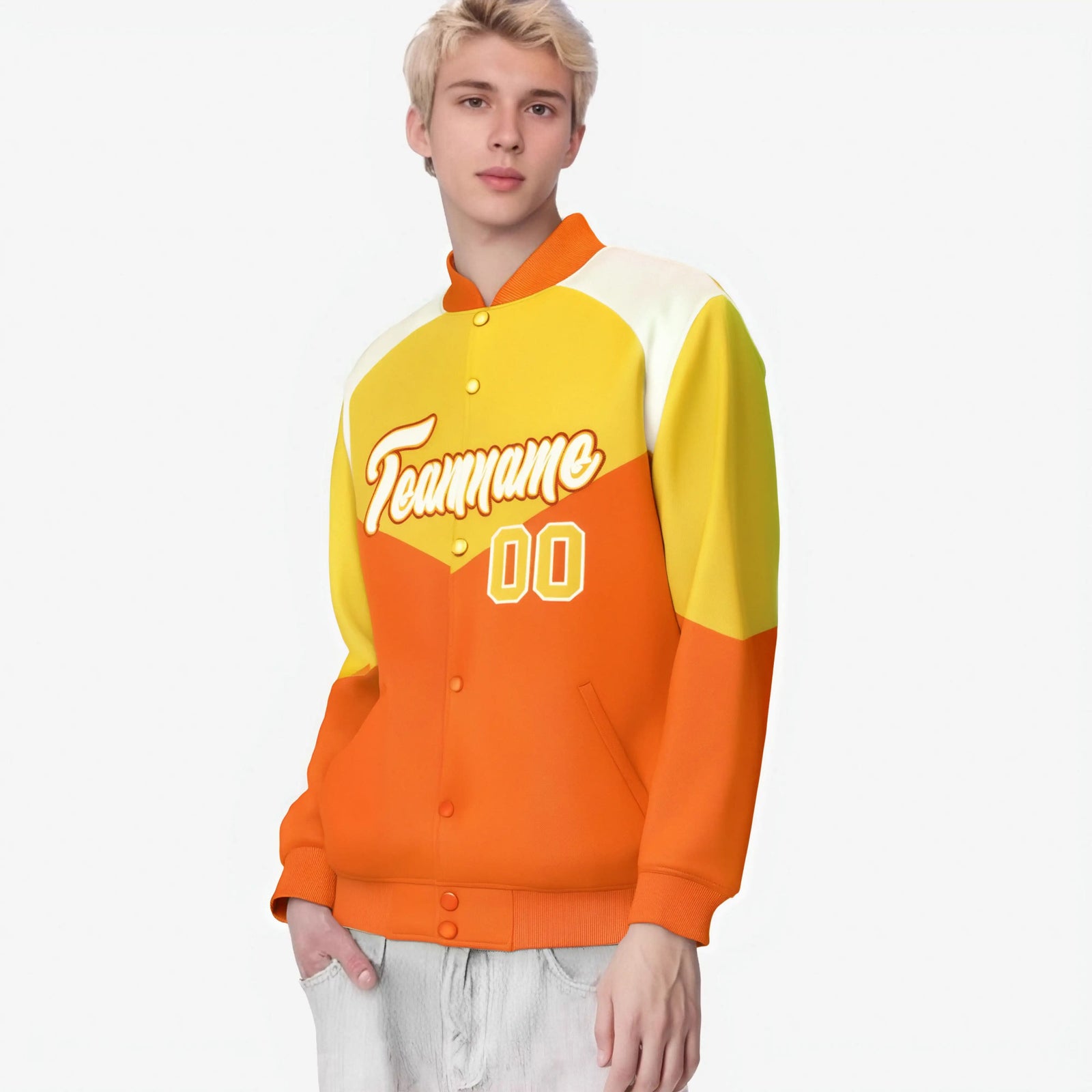 Custom Gold Orange-Cream Varsity Full-Snap Color Block Letterman Jacket