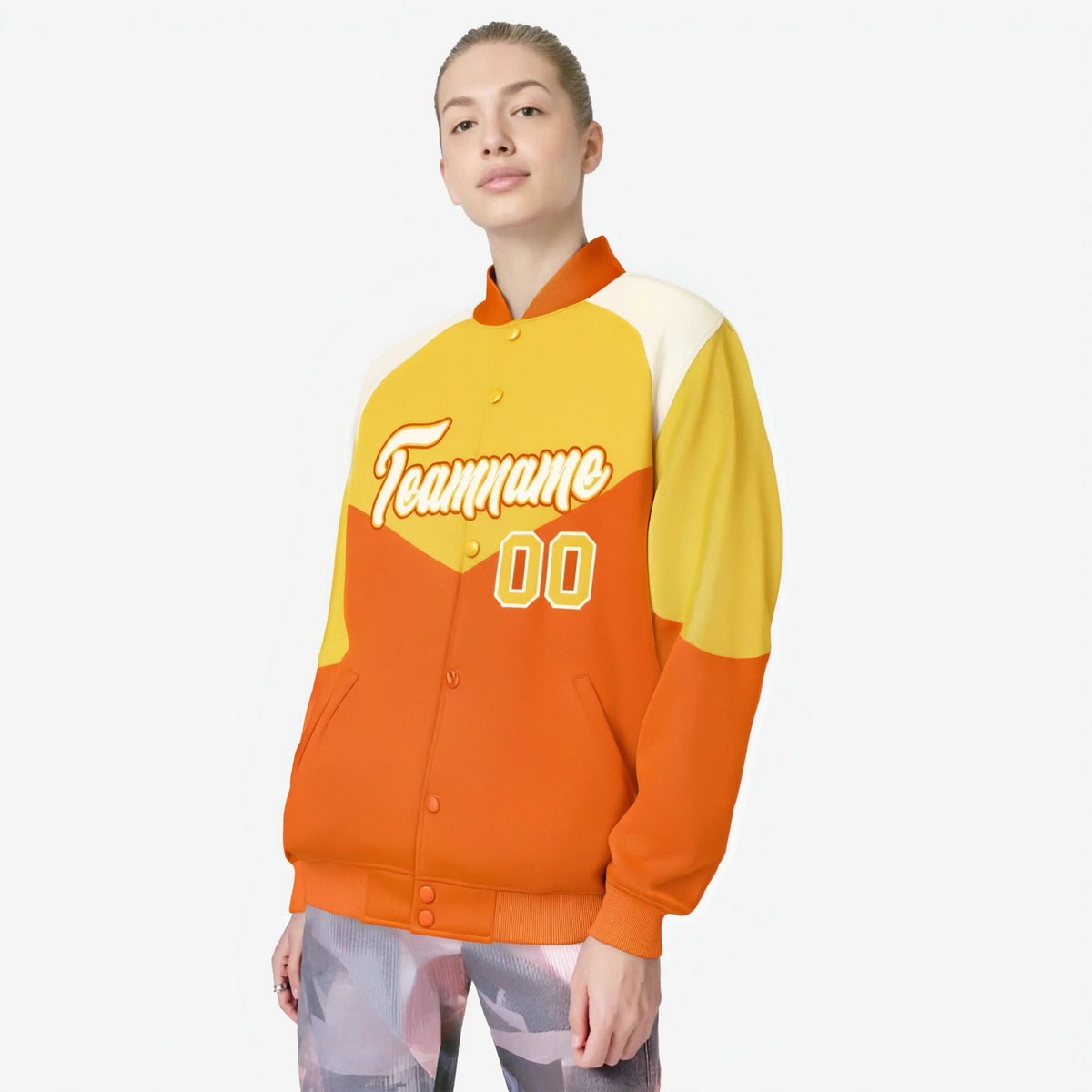 Custom Gold Orange-Cream Varsity Full-Snap Color Block Letterman Jacket