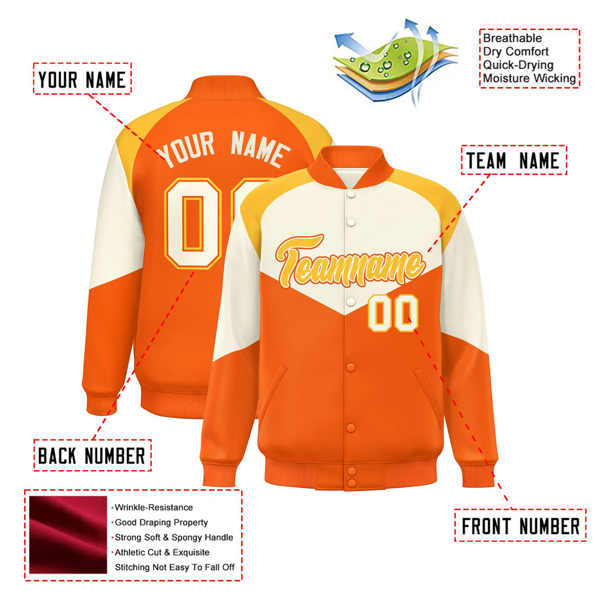 Custom Cream Orange-Gold Varsity Full-Snap Color Block Letterman Jacket