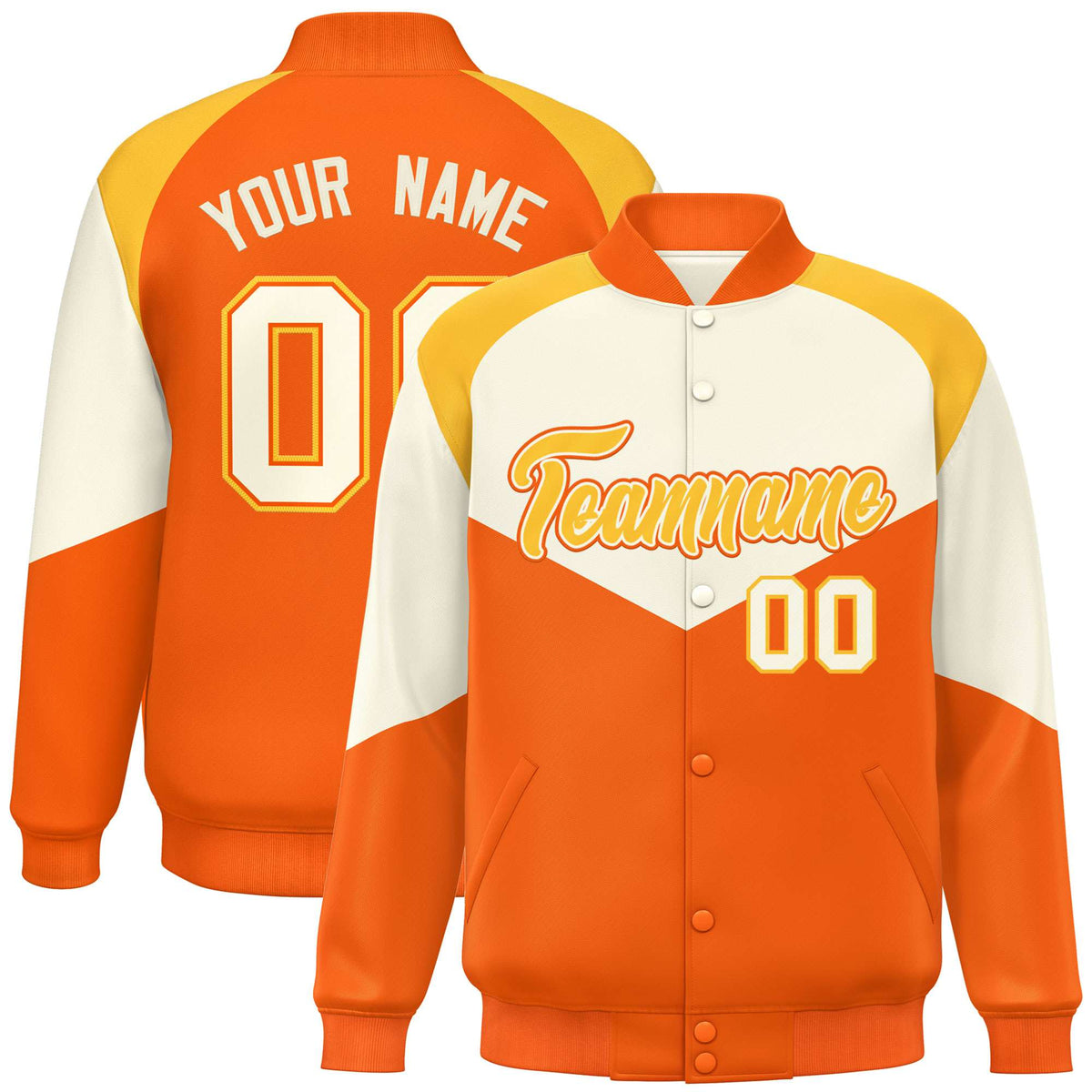 Custom Cream Orange-Gold Varsity Full-Snap Color Block Letterman Jacket