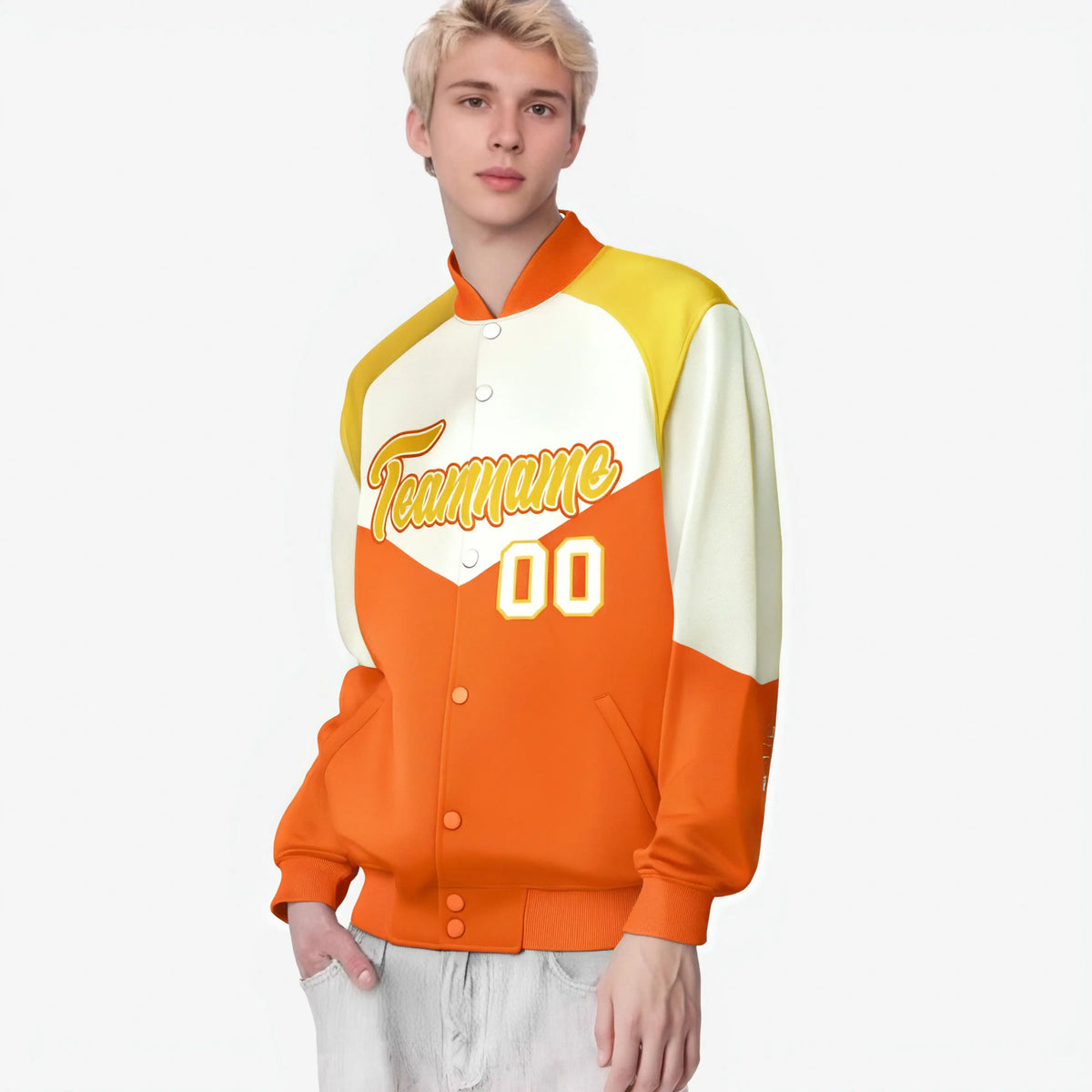 Custom Cream Orange-Gold Varsity Full-Snap Color Block Letterman Jacket