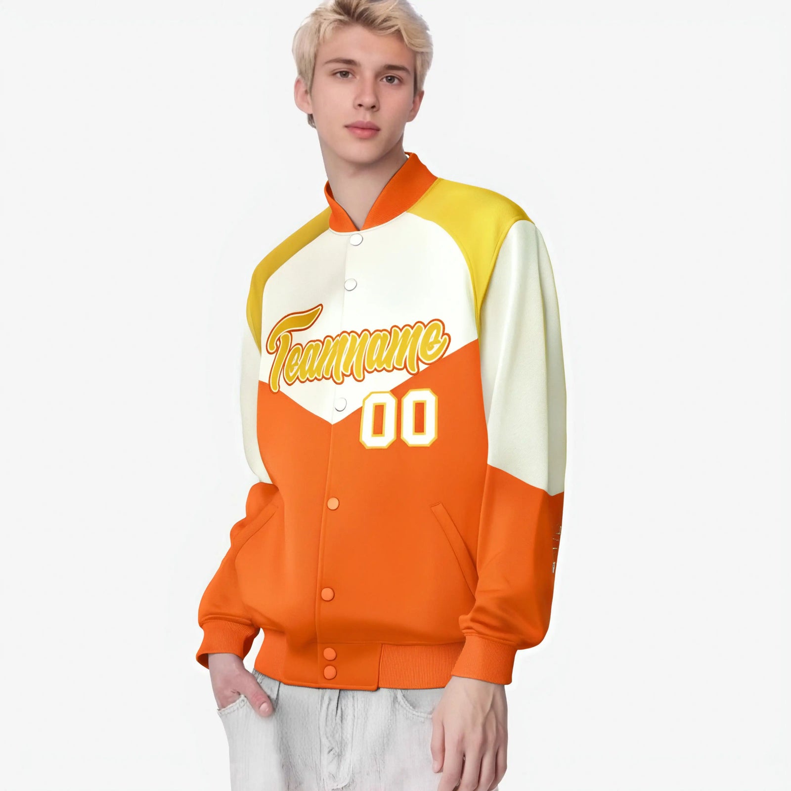 Custom Cream Orange-Gold Varsity Full-Snap Color Block Letterman Jacket
