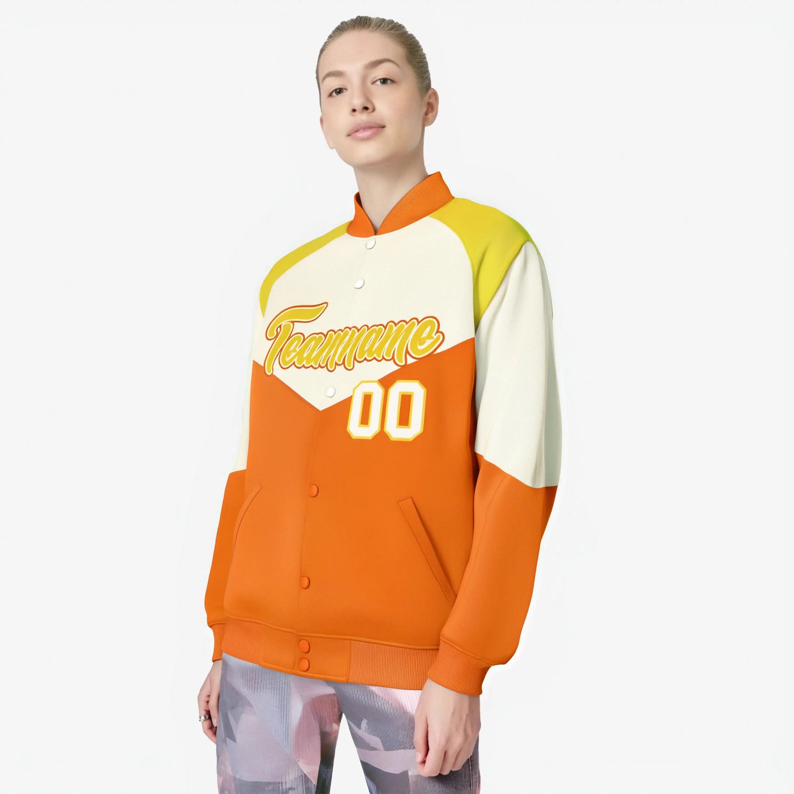 Custom Cream Orange-Gold Varsity Full-Snap Color Block Letterman Jacket