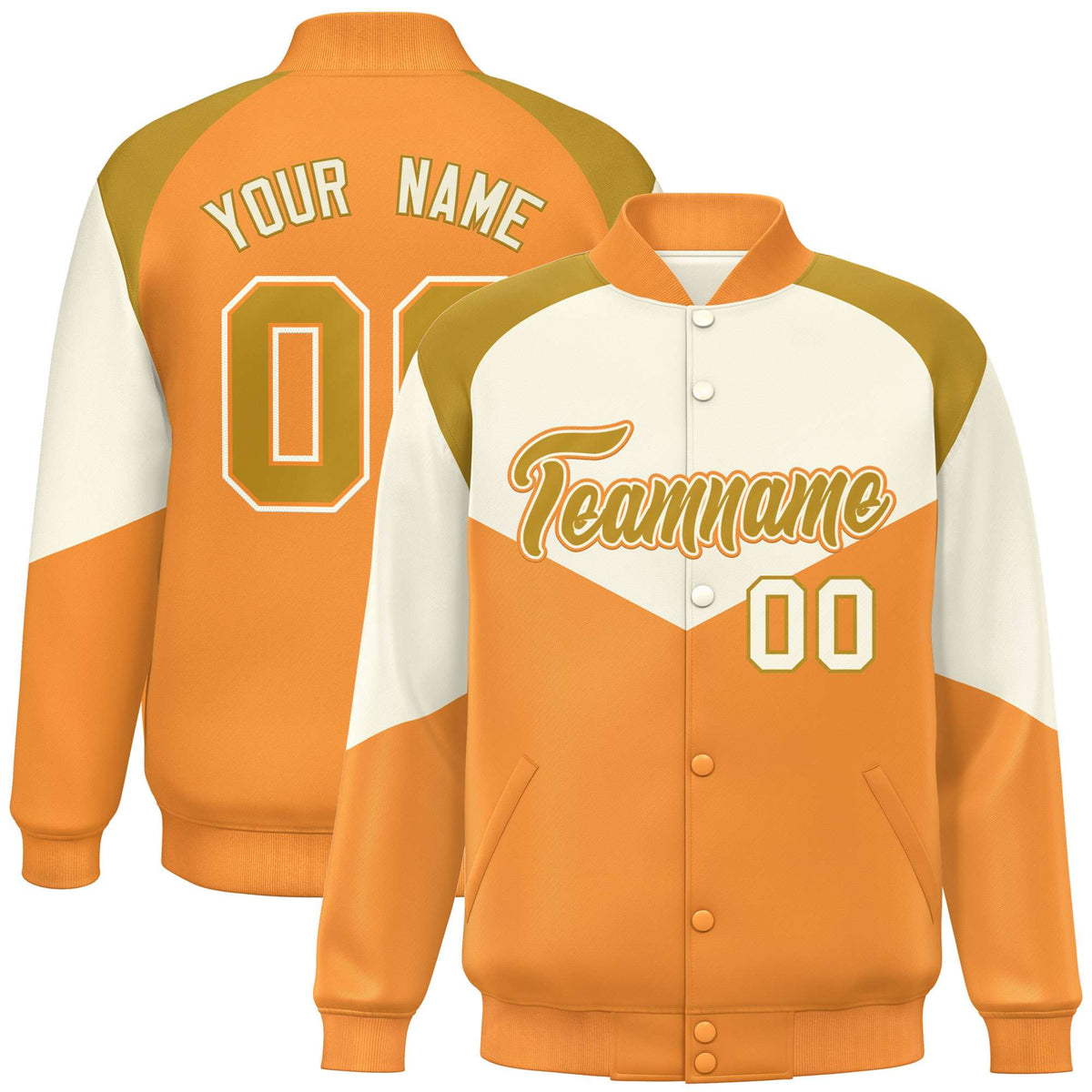 Custom Cream Yellow-Old Gold Varsity Full-Snap Color Block Letterman Jacket