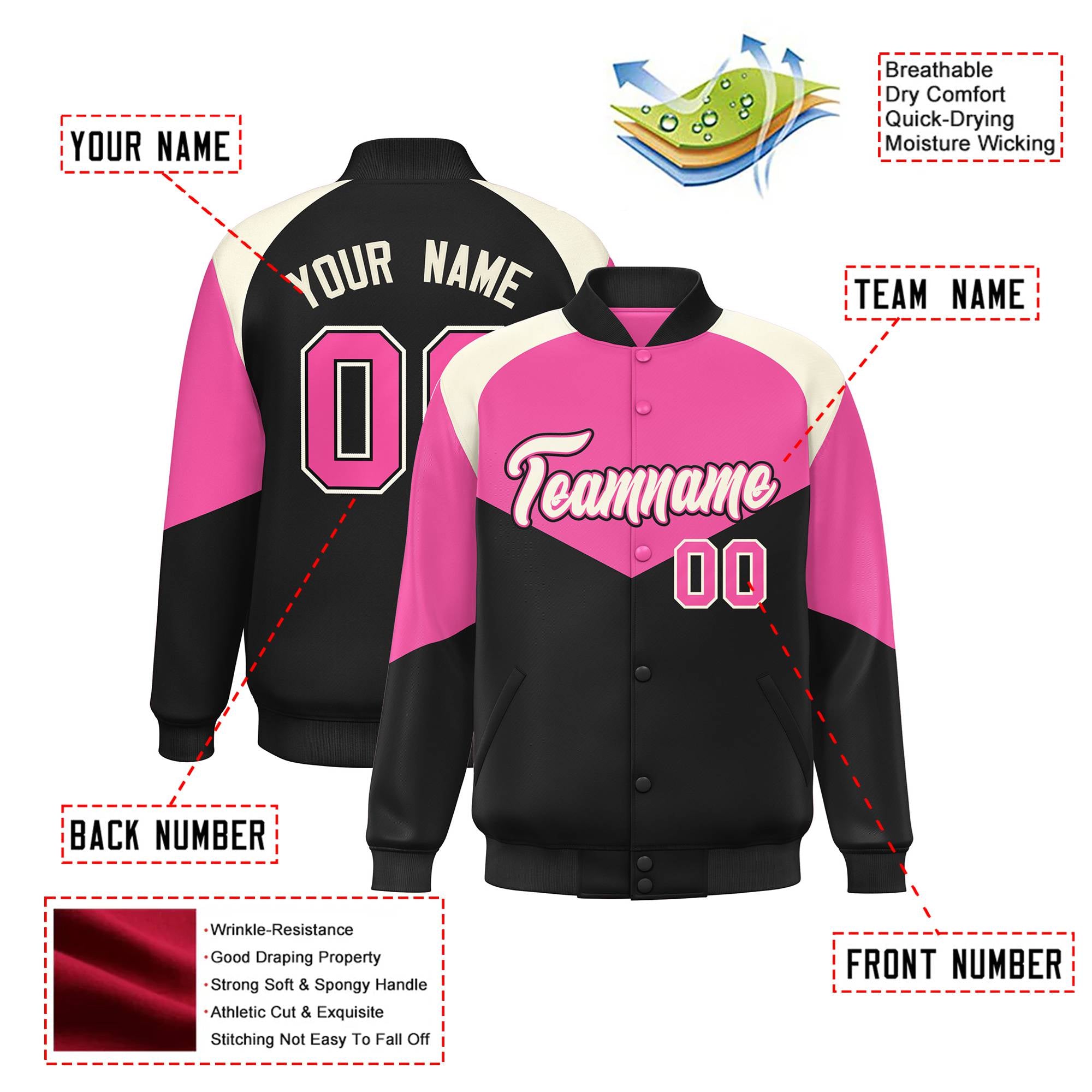 Custom Pink Black-Cream Varsity Full-Snap Color Block Letterman Jacket