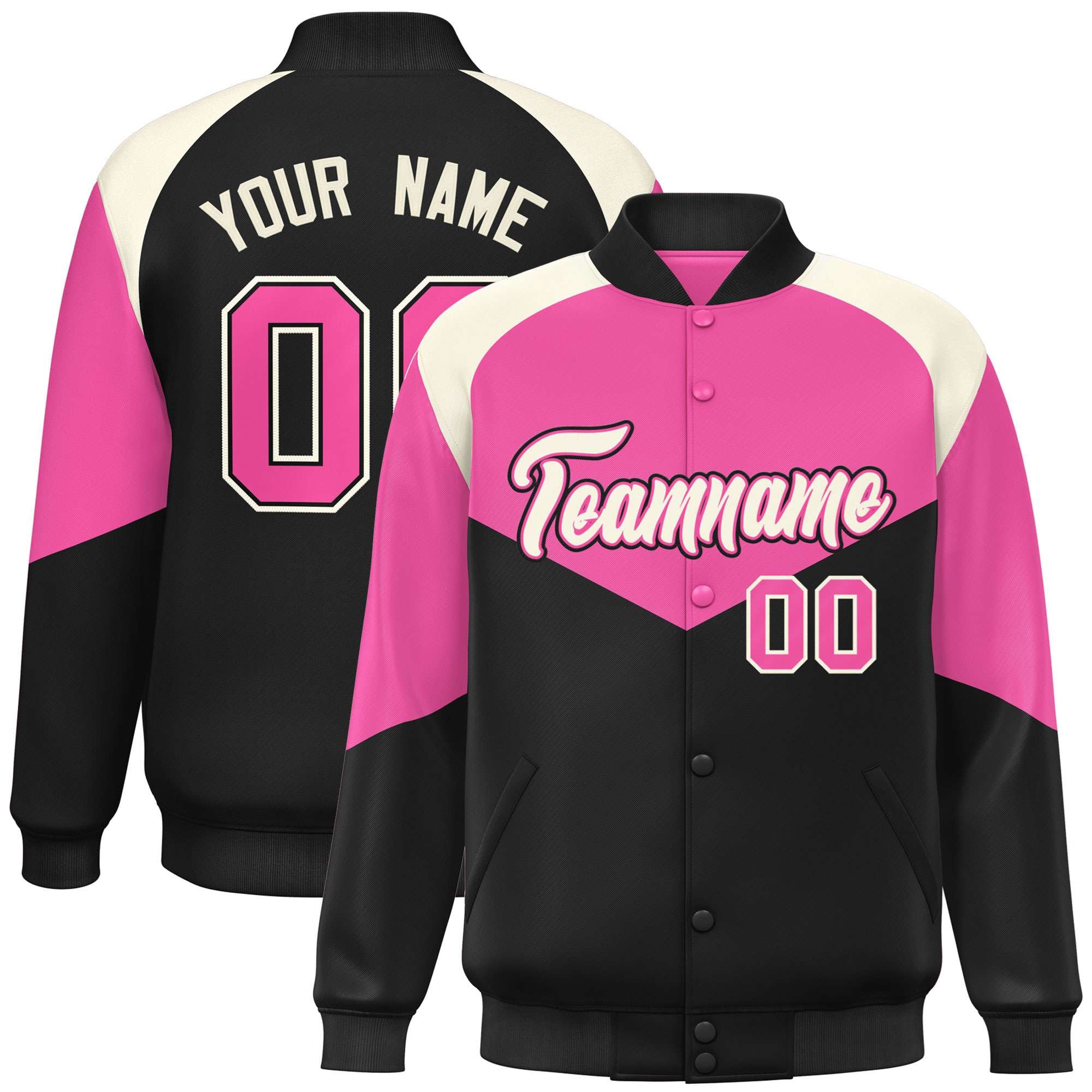 Custom Pink Black-Cream Varsity Full-Snap Color Block Letterman Jacket