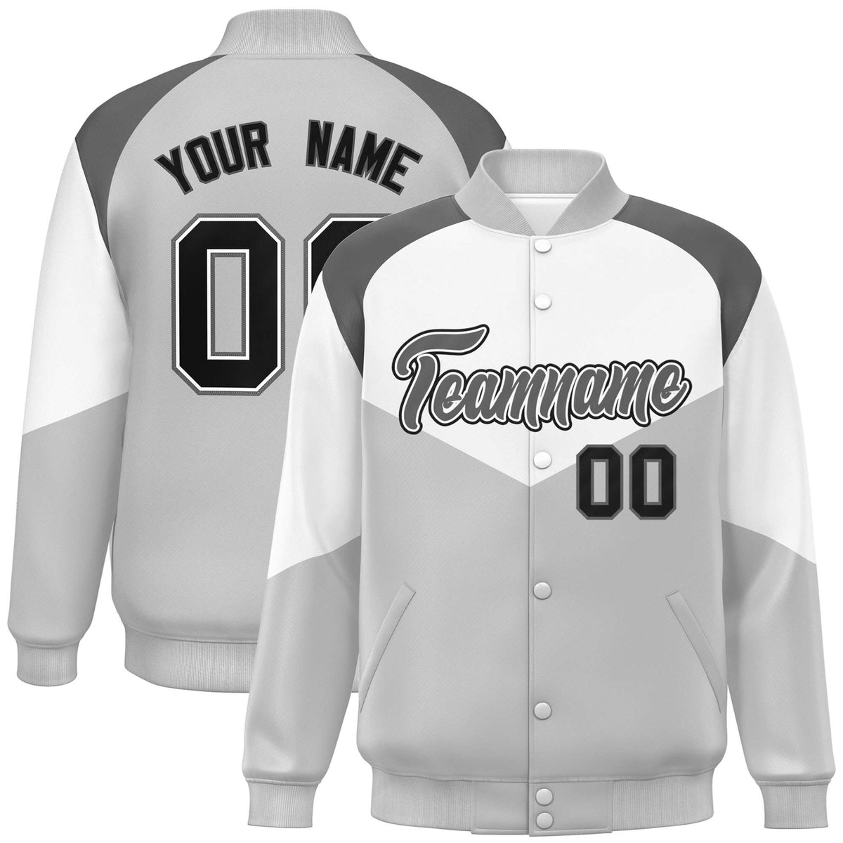 Custom White Gray-Dark Gray Varsity Full-Snap Color Block Letterman Jacket