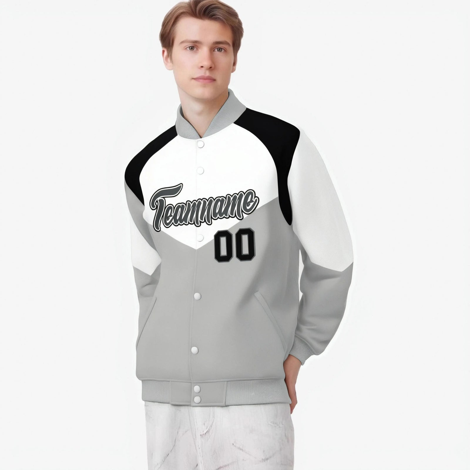 Custom White Gray-Dark Gray Varsity Full-Snap Color Block Letterman Jacket