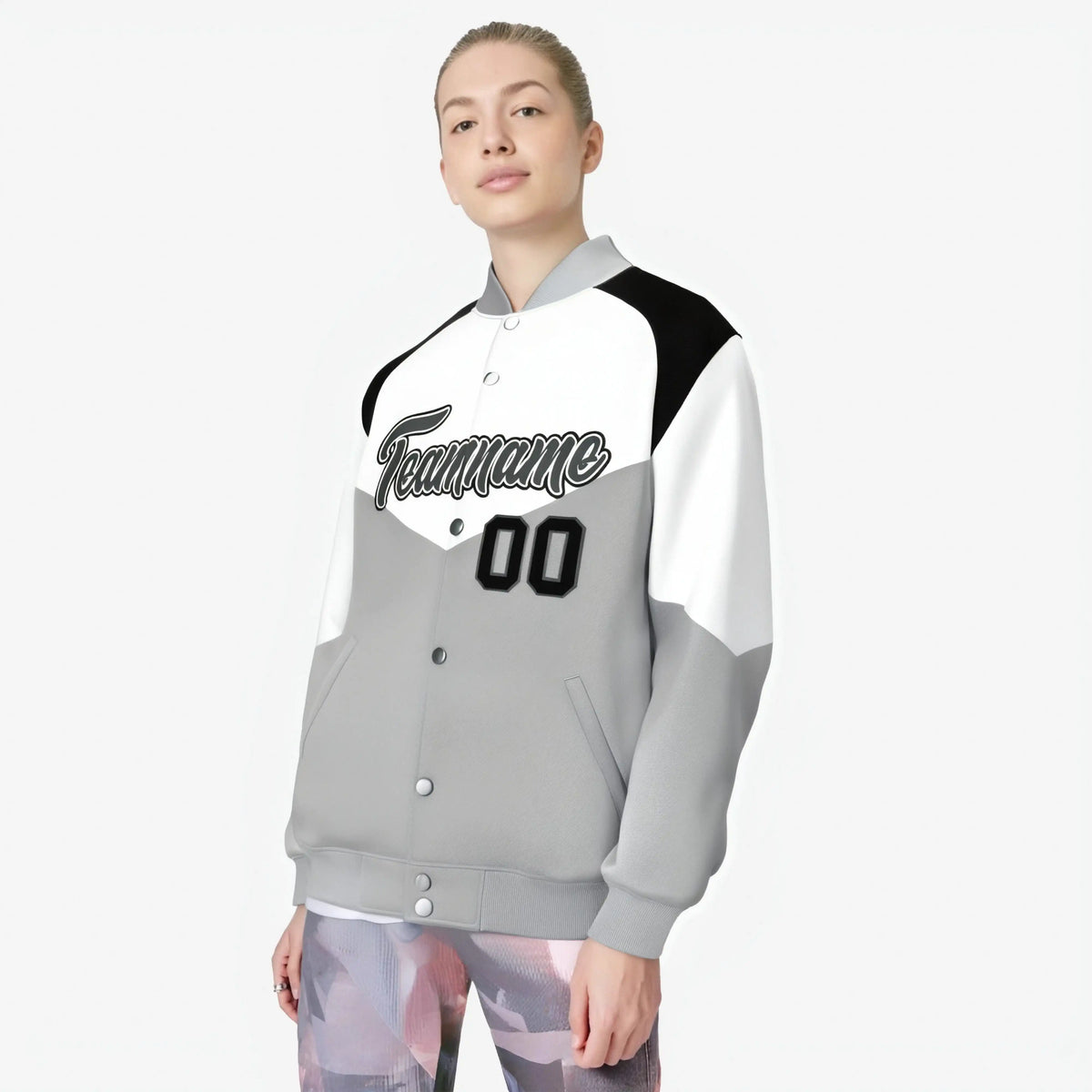 Custom White Gray-Dark Gray Varsity Full-Snap Color Block Letterman Jacket