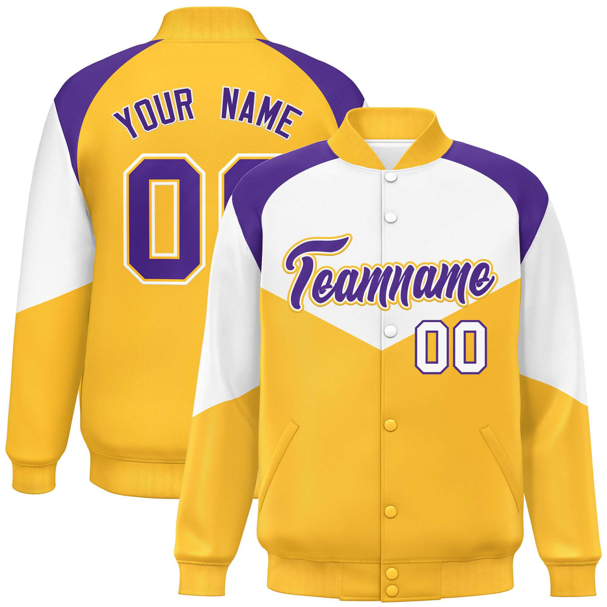 Custom White Gold-Purple Varsity Full-Snap Color Block Letterman Jacket