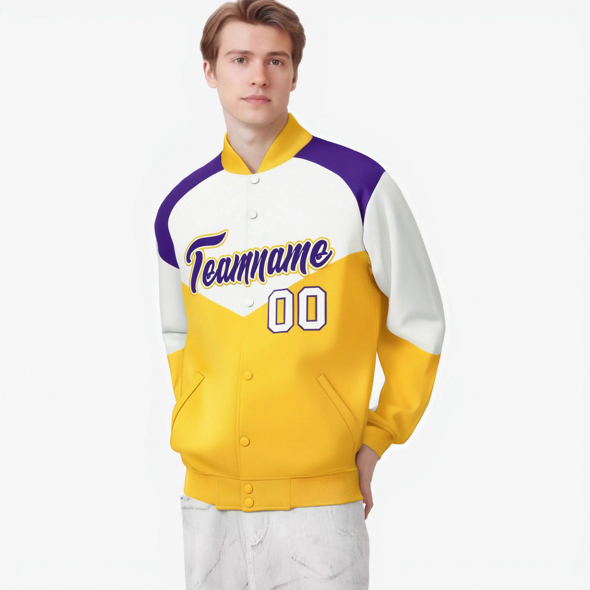 Custom White Gold-Purple Varsity Full-Snap Color Block Letterman Jacket