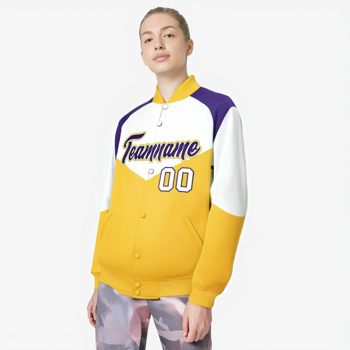 Custom White Gold-Purple Varsity Full-Snap Color Block Letterman Jacket