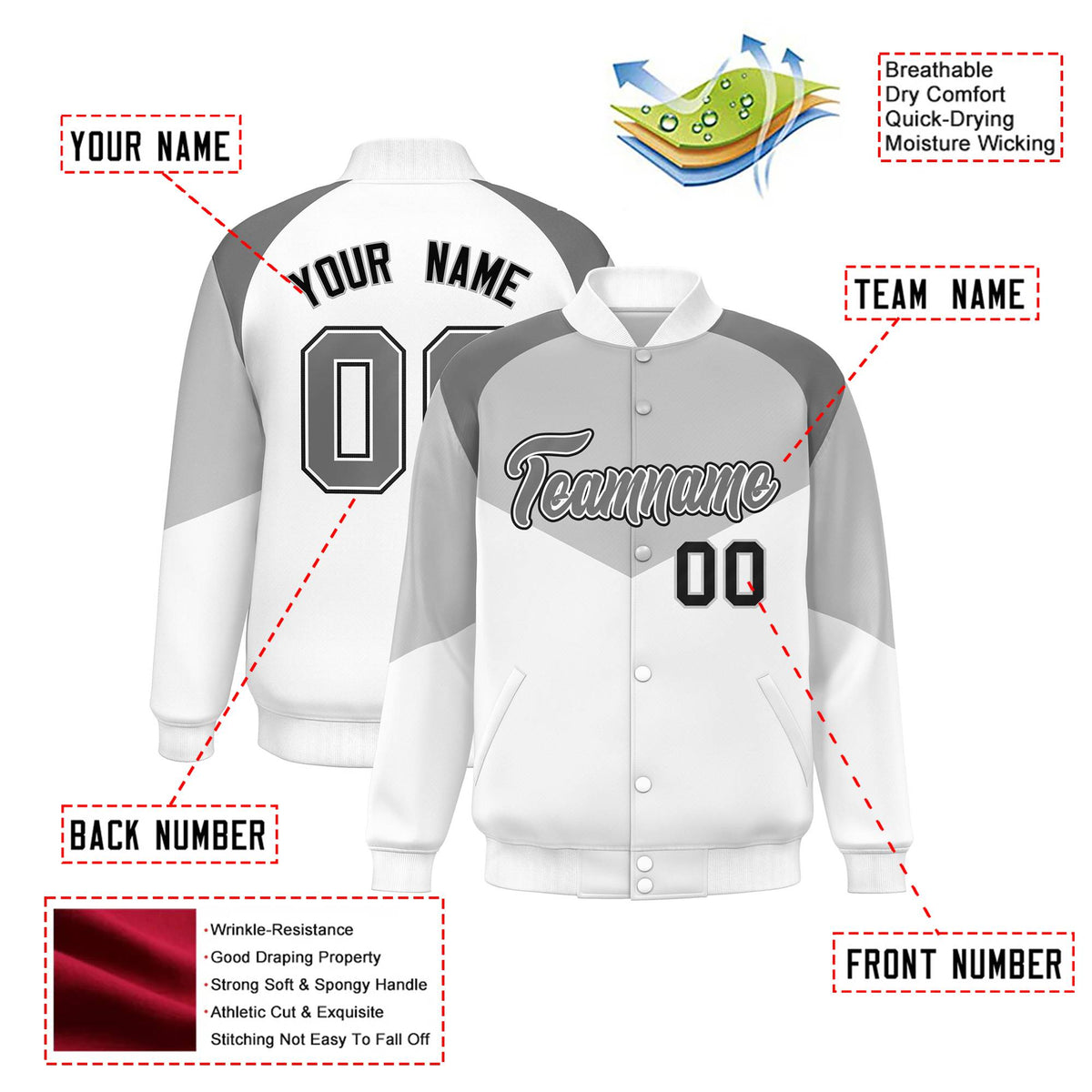 Custom Gray White-Dark Gray Varsity Full-Snap Color Block Letterman Jacket
