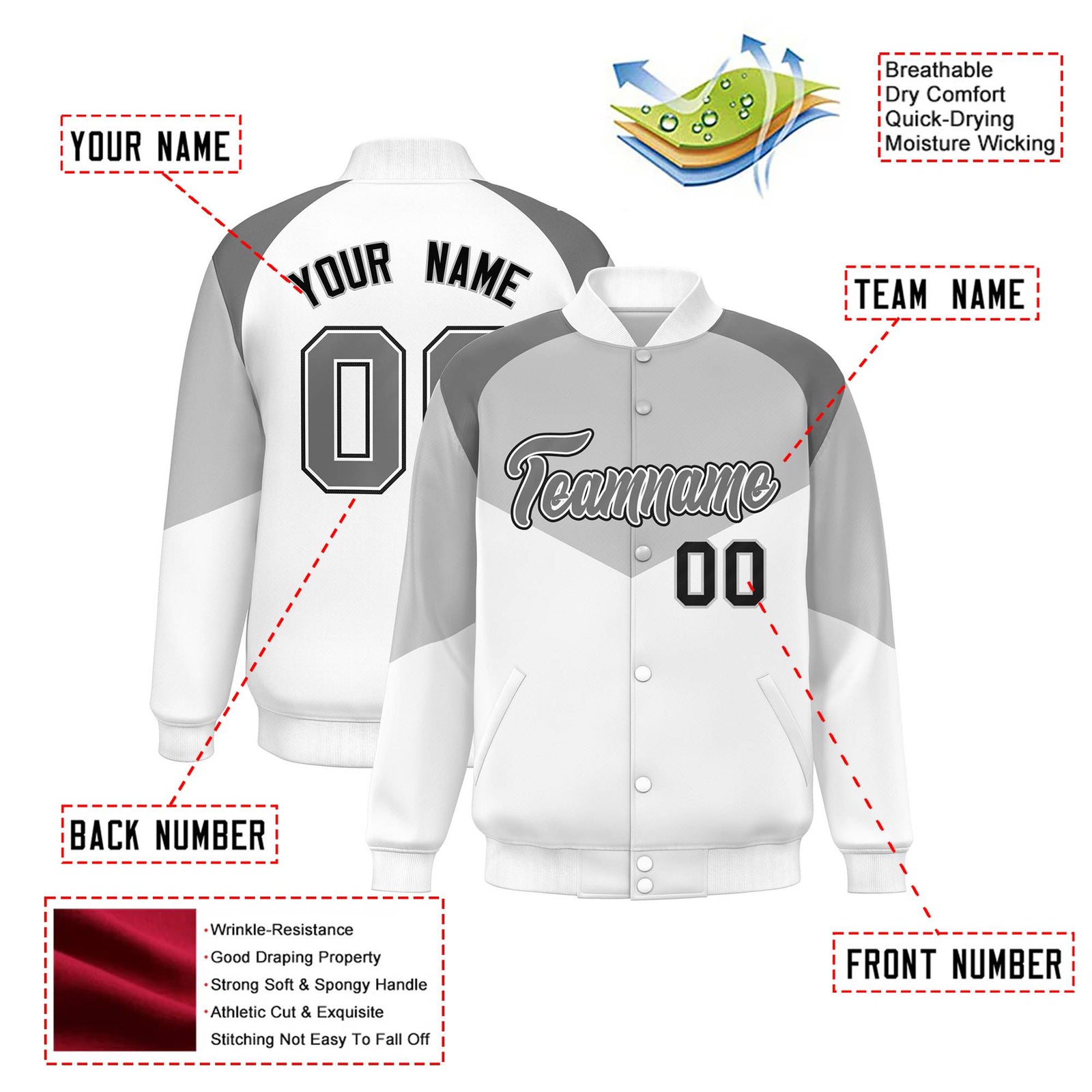 Custom Gray White-Dark Gray Varsity Full-Snap Color Block Letterman Jacket