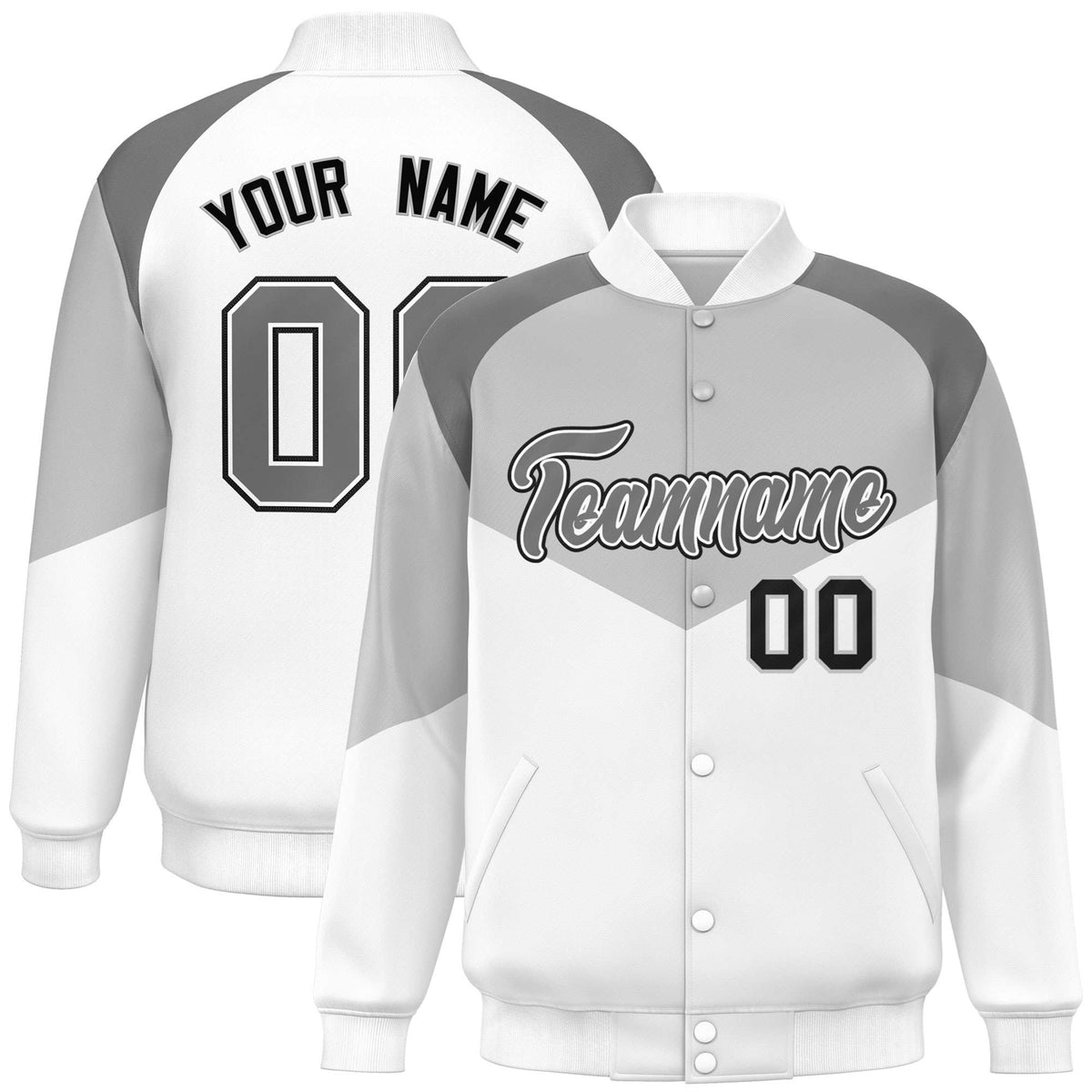 Custom Gray White-Dark Gray Varsity Full-Snap Color Block Letterman Jacket
