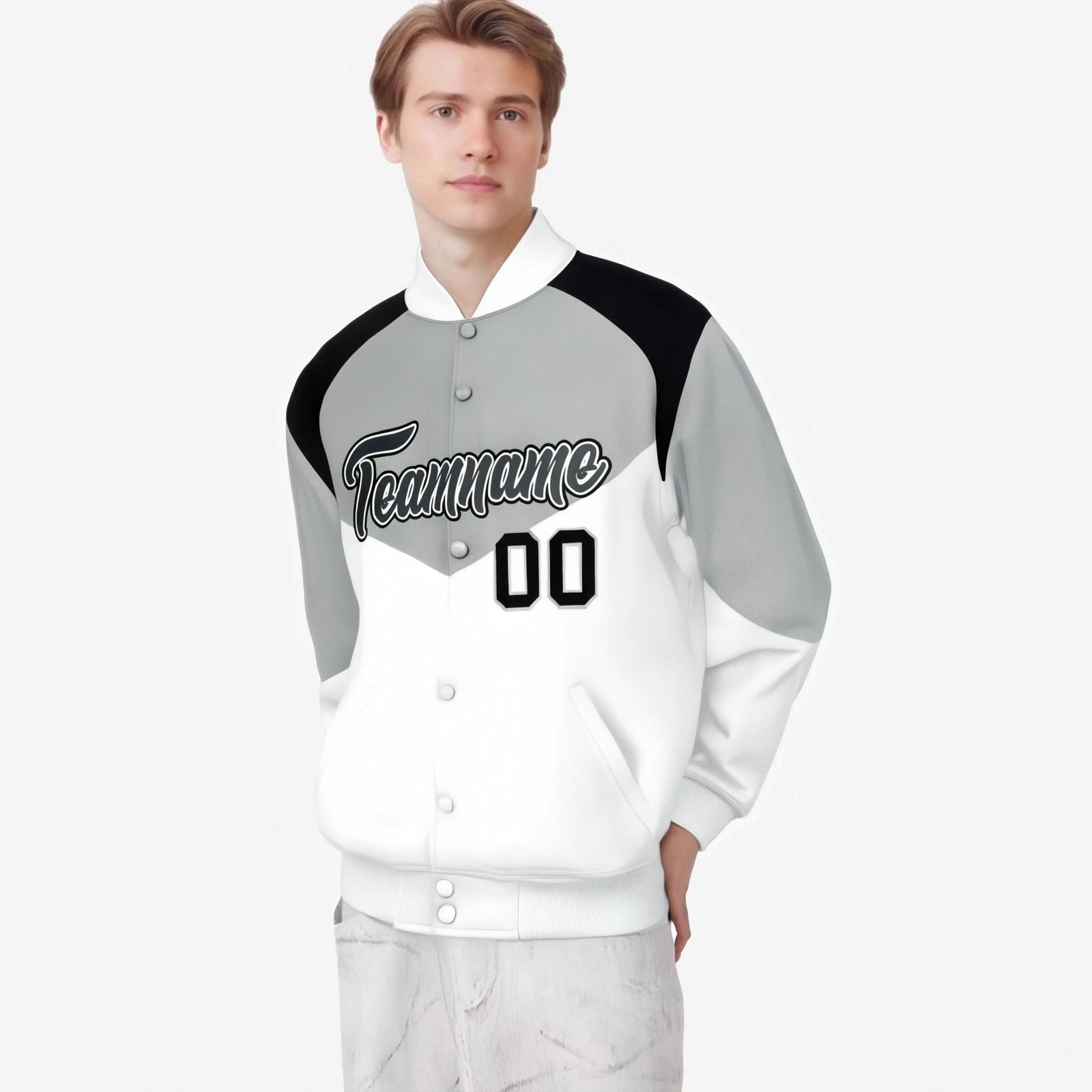 Custom Gray White-Dark Gray Varsity Full-Snap Color Block Letterman Jacket