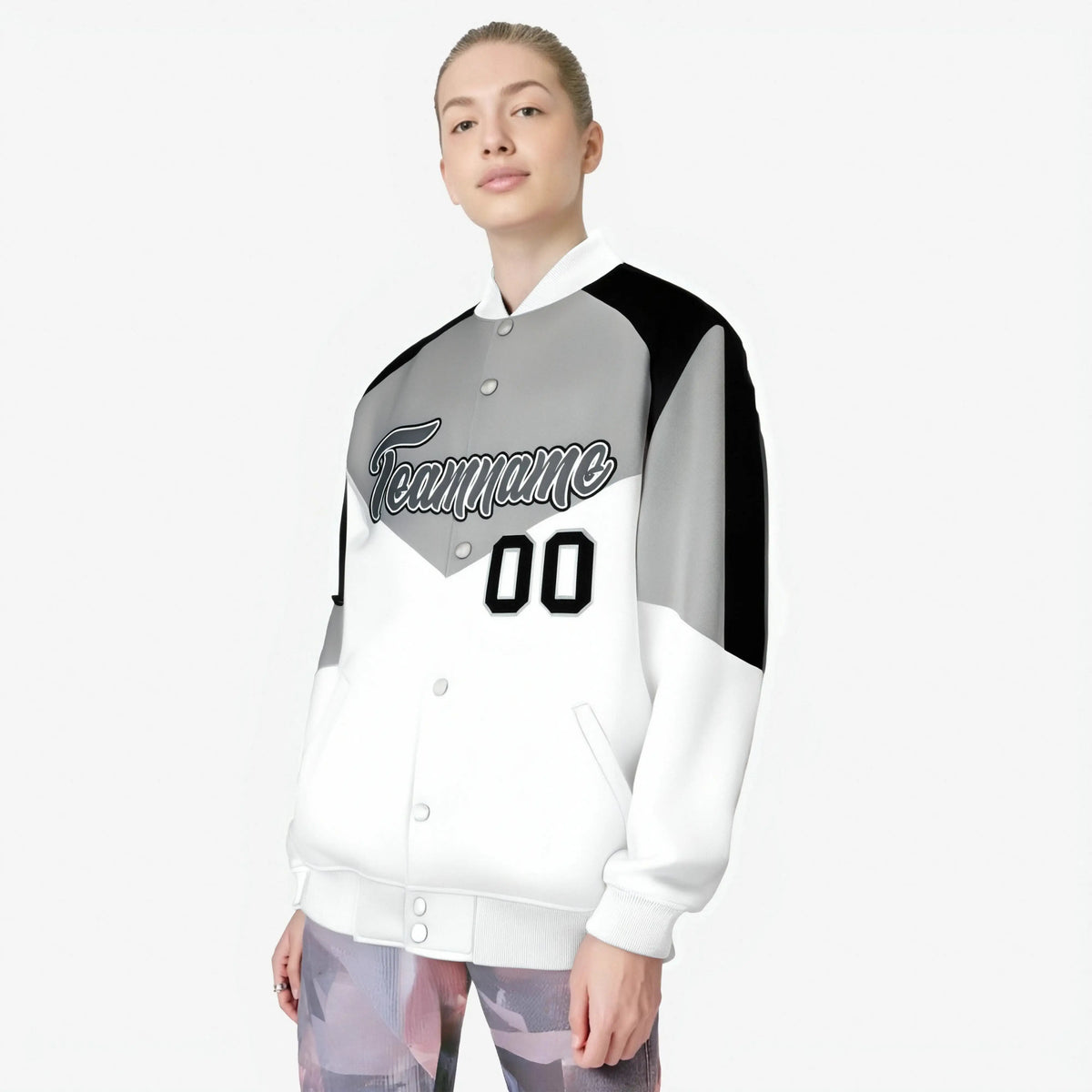 Custom Gray White-Dark Gray Varsity Full-Snap Color Block Letterman Jacket