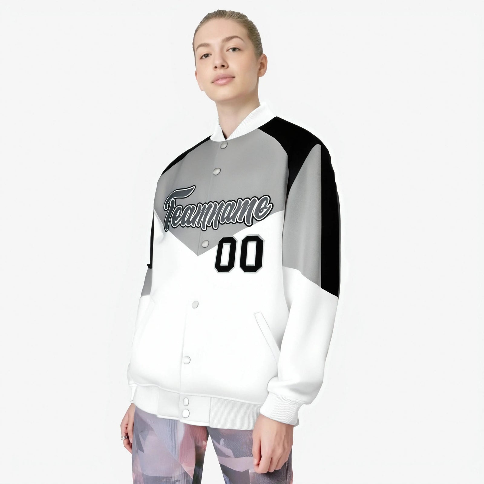 Custom Gray White-Dark Gray Varsity Full-Snap Color Block Letterman Jacket