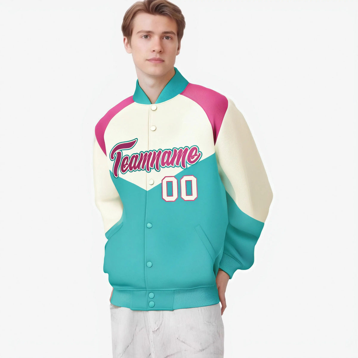 Custom Cream Aqua-Pink Gray Varsity Full-Snap Color Block Letterman Jacket