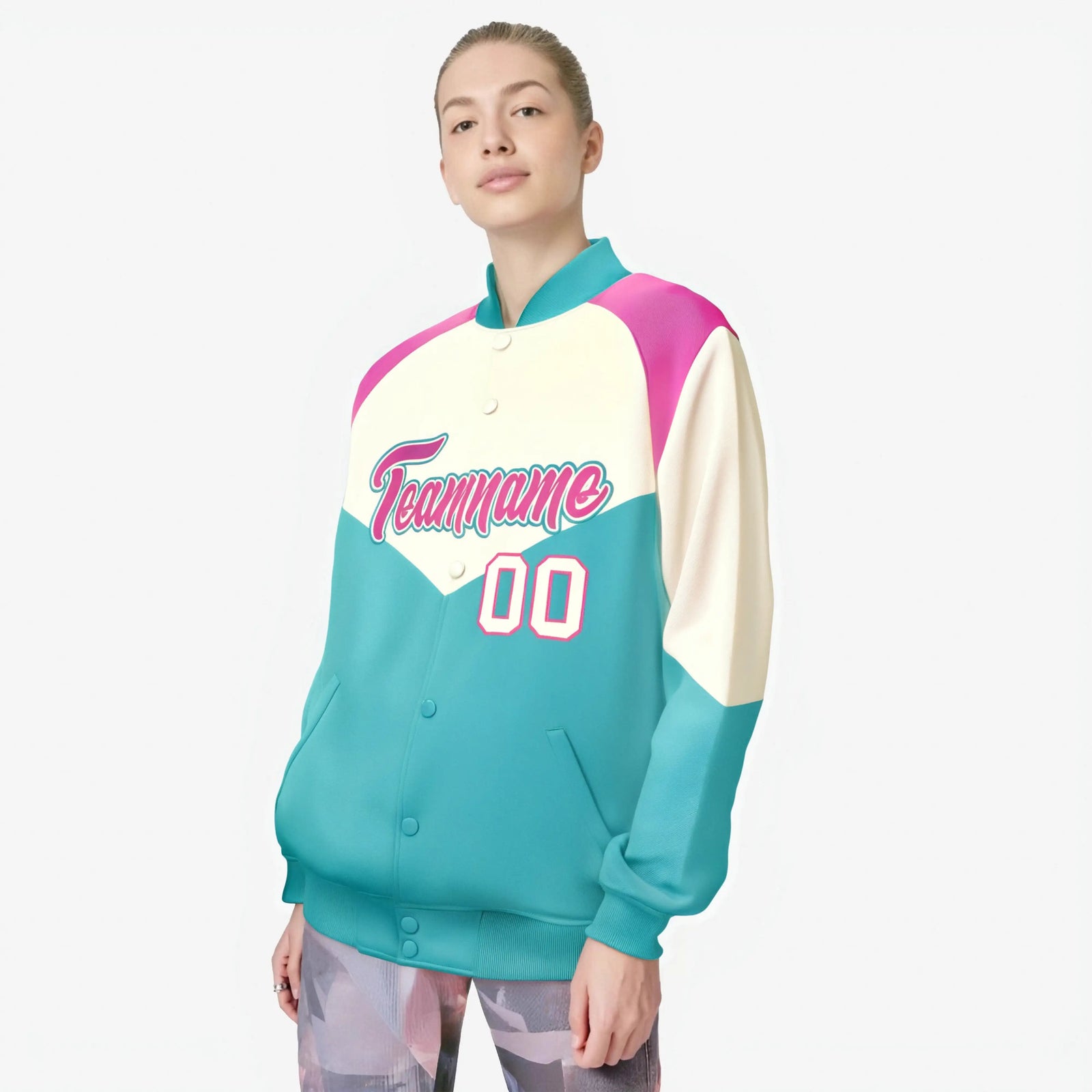 Custom Cream Aqua-Pink Gray Varsity Full-Snap Color Block Letterman Jacket