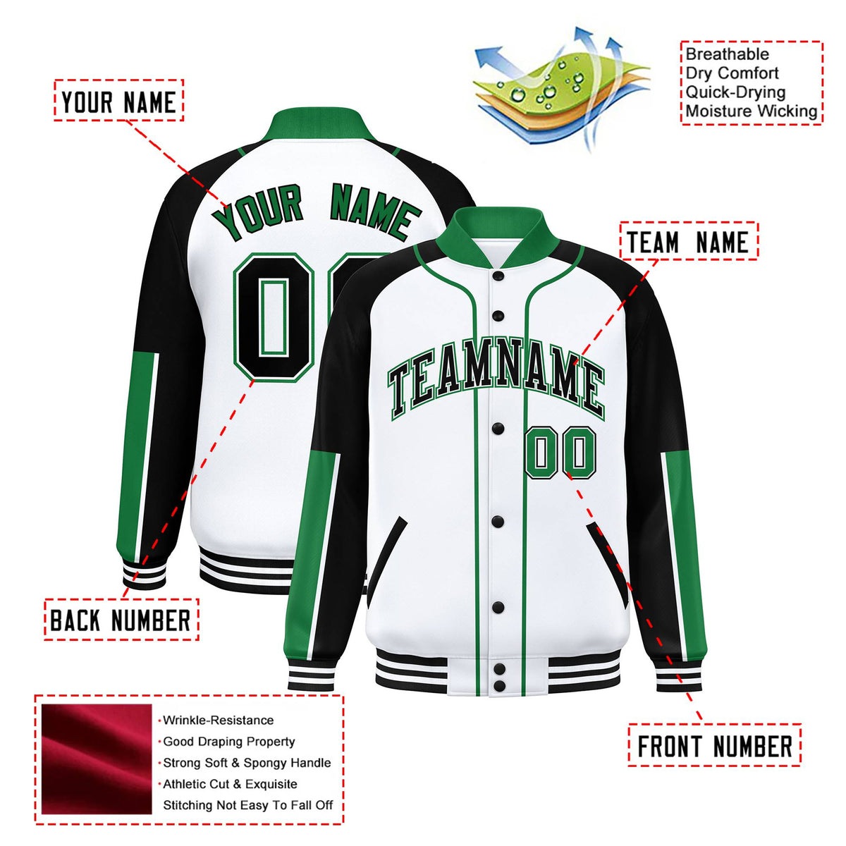 Custom White Black-Kelly Green Varsity Full-Snap Color Block Letterman Jacket