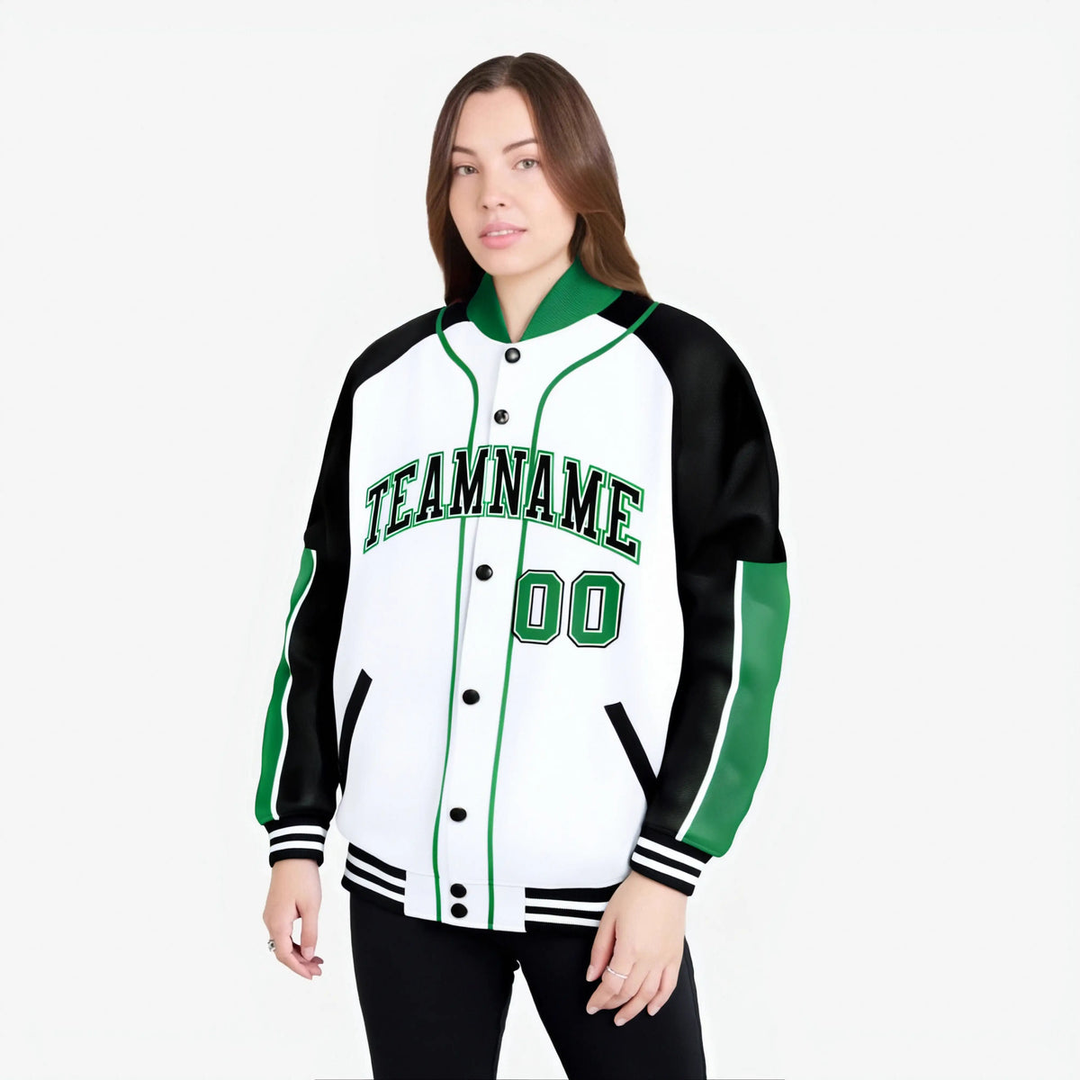 Custom White Black-Kelly Green Varsity Full-Snap Color Block Letterman Jacket