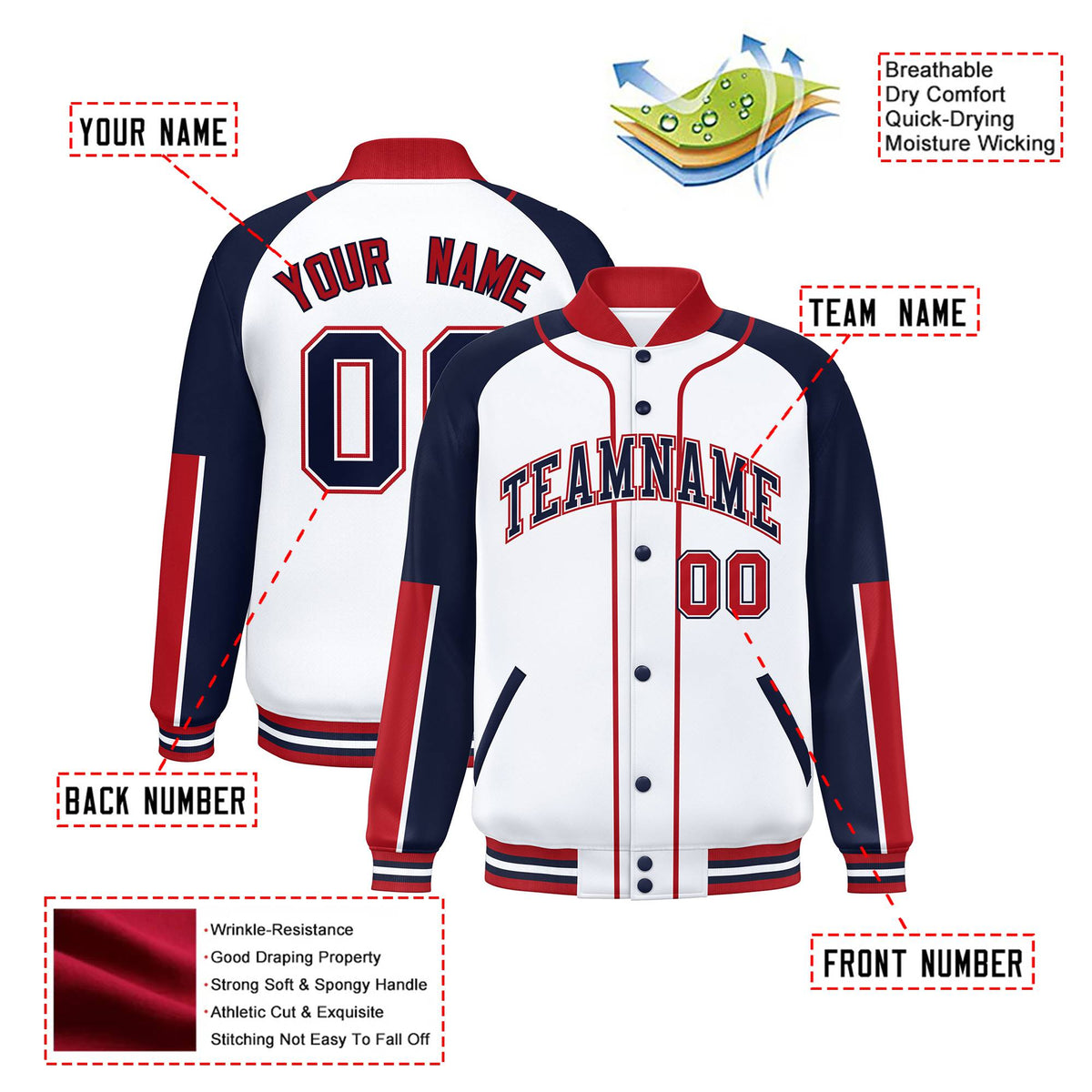 Custom White Navy-Red Varsity Full-Snap Color Block Letterman Jacket