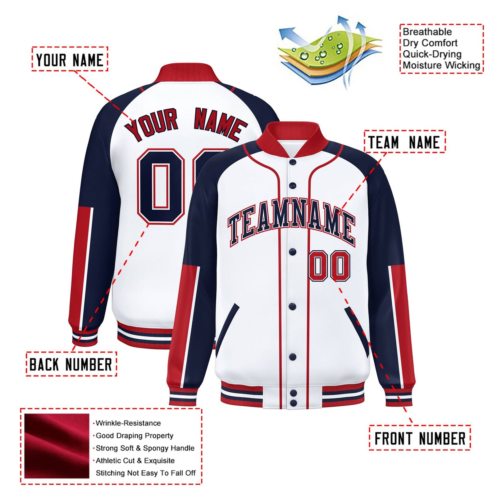 Custom White Navy-Red Varsity Full-Snap Color Block Letterman Jacket