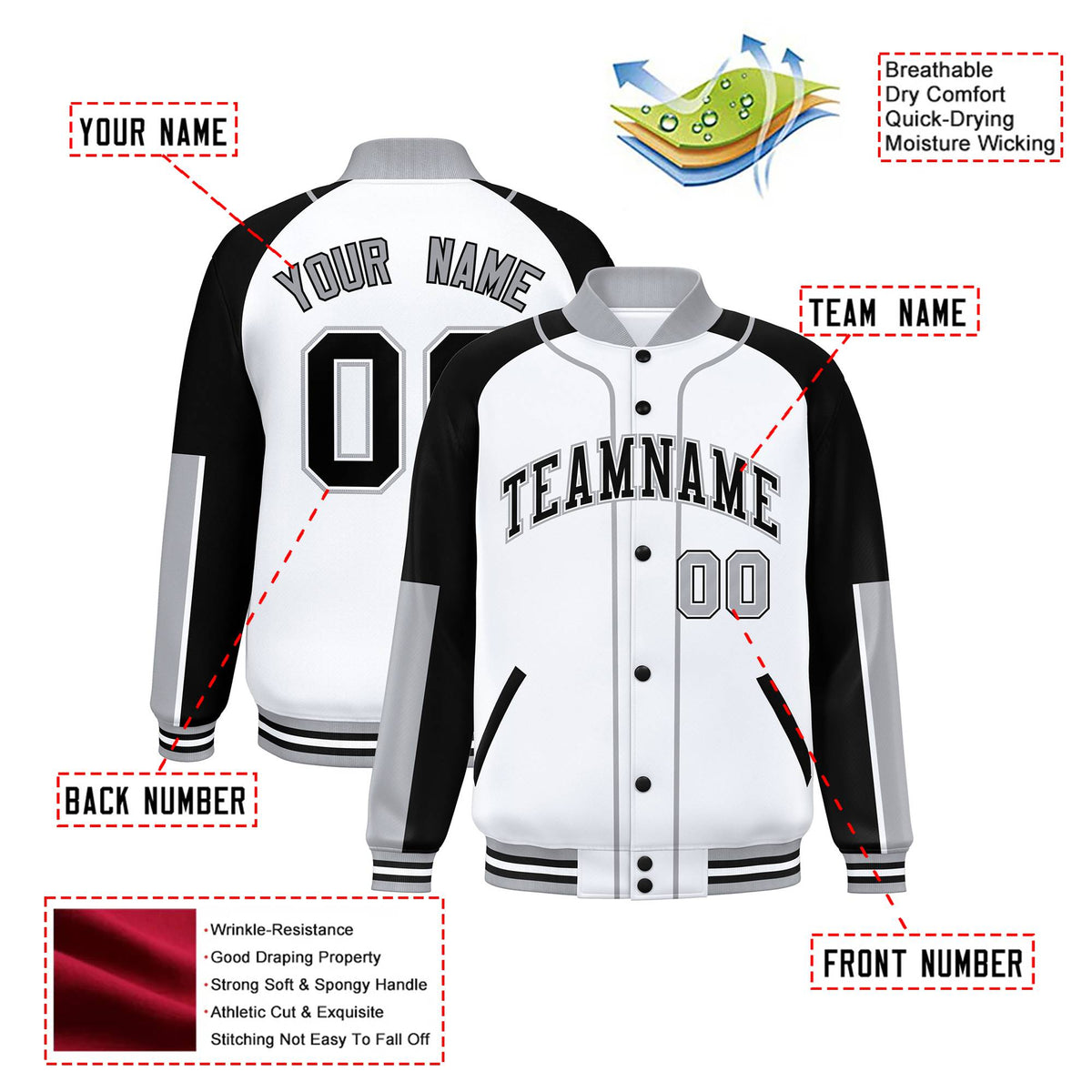 Custom White Black-Gray Varsity Full-Snap Color Block Letterman Jacket