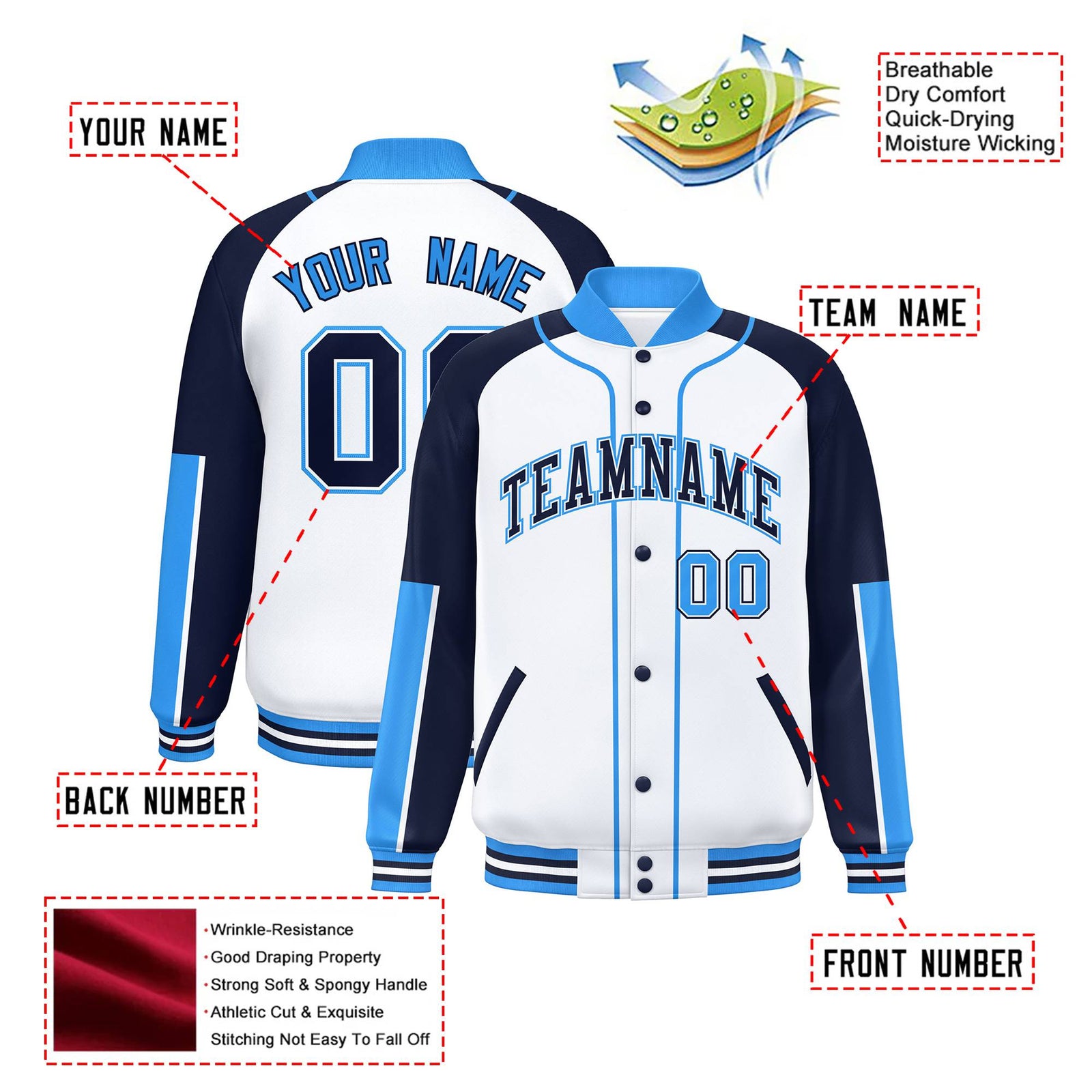 Custom White Navy-Powder Blue Varsity Full-Snap Color Block Letterman Jacket