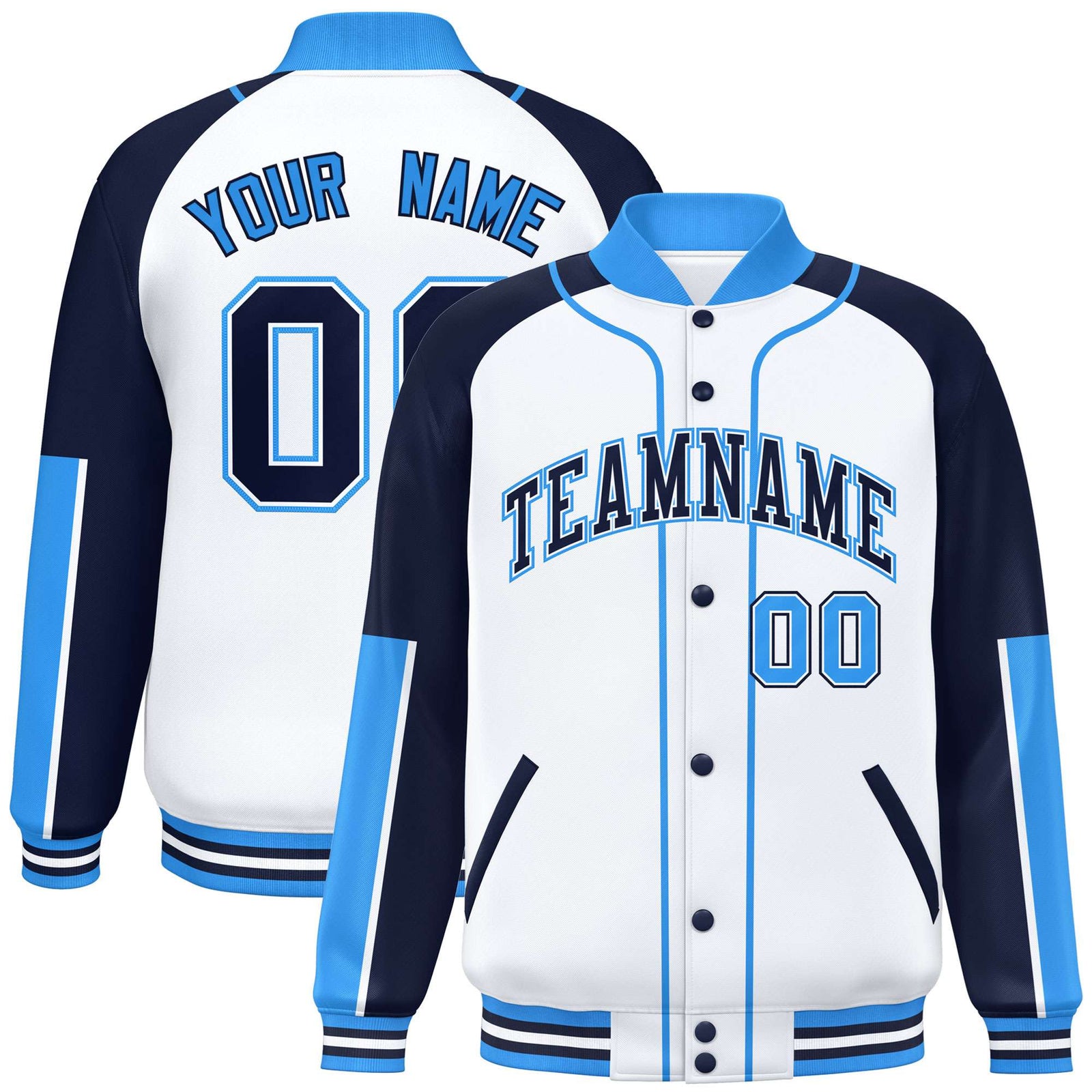 Custom White Navy-Powder Blue Varsity Full-Snap Color Block Letterman Jacket