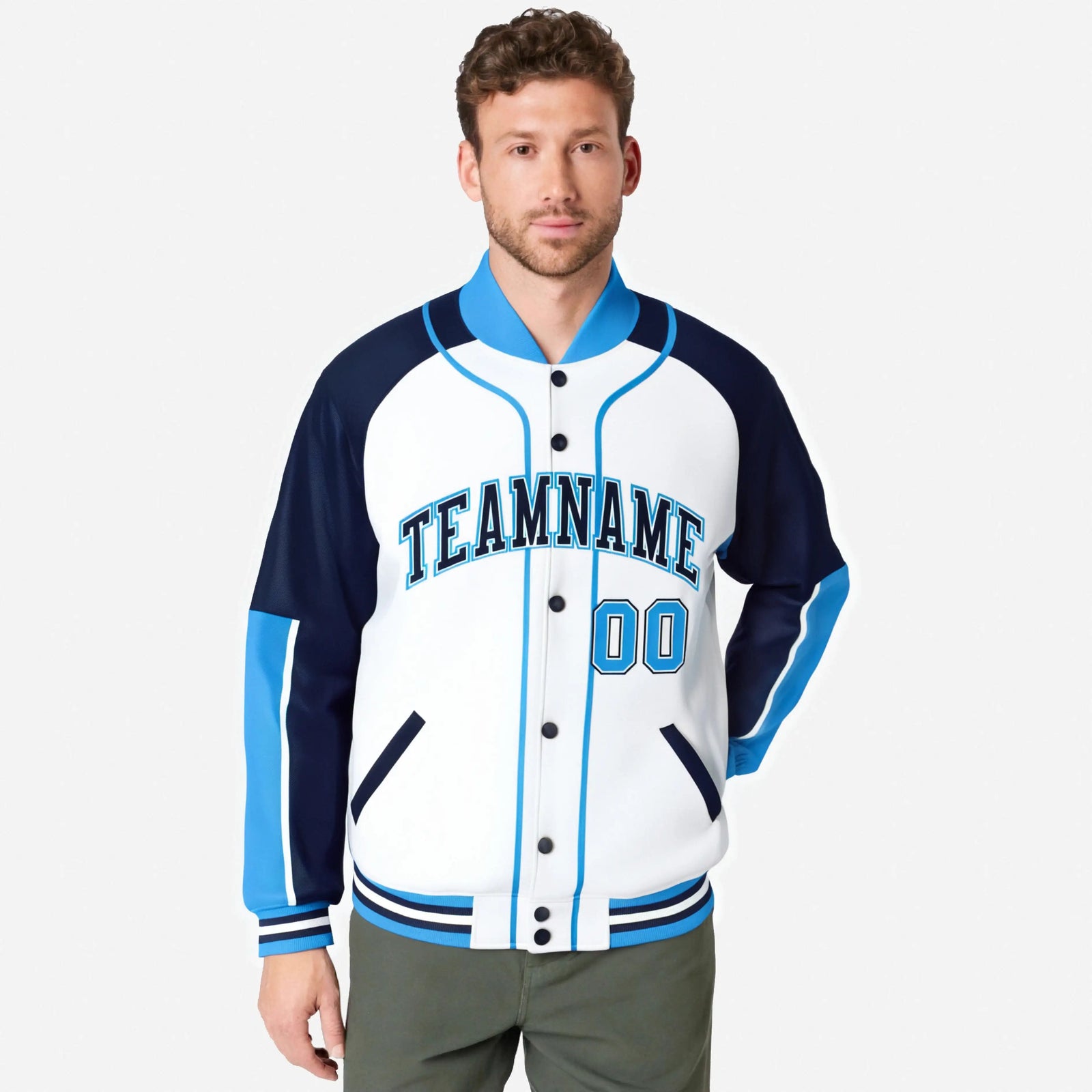 Custom White Navy-Powder Blue Varsity Full-Snap Color Block Letterman Jacket
